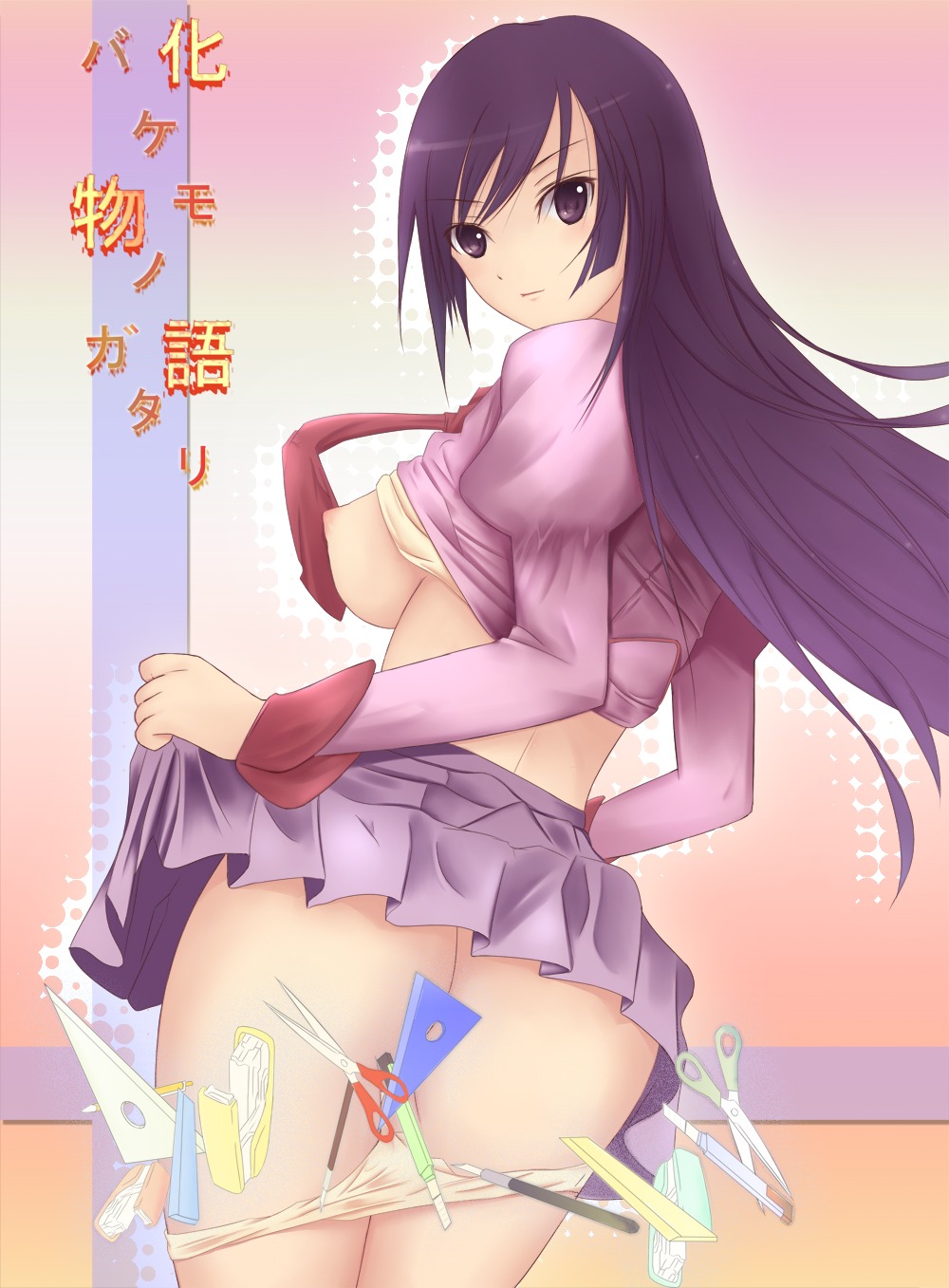 ass bakemonogatari blue_eyes covering covering_pussy female long_hair looking_at_viewer looking_back monogatari_(series) panties panties_down purple_hair pussy rule34 school_uniform senjougahara_hitagi skirt skirt_up topless