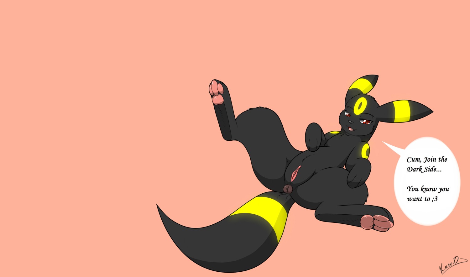 absurd_res anus black_body black_fur canid canine clitoris e621 eeveelution english_text feet female feral fur generation_2_pokemon genitals glowing greed_(kuroodod) half-closed_eyes hi_res hindpaw humor kuroodod looking_at_viewer mammal narrowed_eyes nintendo nude open_mouth oversexed_eeveelutions pawpads paws pokemon pokemon_(species) pose presenting presenting_vulva puffy_anus red_eyes seductive signature simple_background smile solo spread_legs spreading tail text third-party_edit tongue umbreon vulva