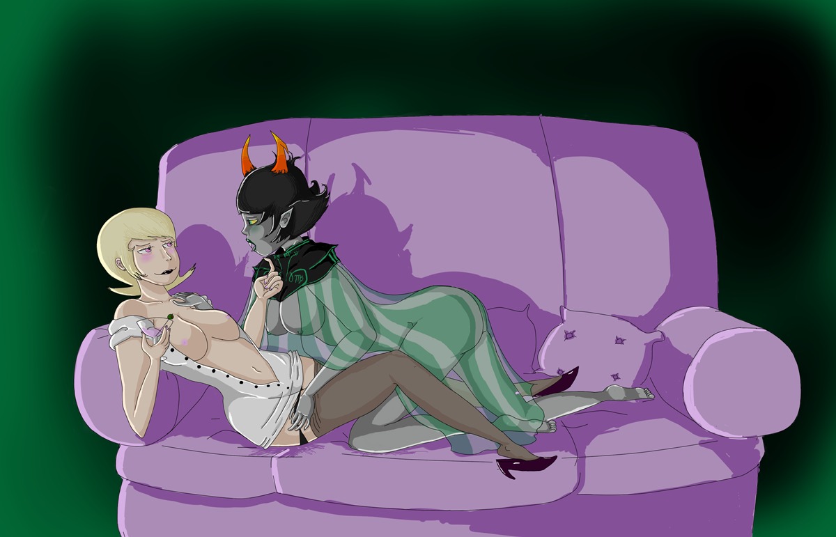 2girls alcohol ancestor_(homestuck) artist_request black_hair black_lipstick blonde_hair blush breasts breasts_out couch fangs female green_eyes green_lipstick high_heels homestuck horns lesbian lingerie milf ms._lalonde ms_paint_adventures multiple_females multiple_girls nipples open_mouth panties pink_eyes pointy_ears rule34 short_hair source_request the_dolorosa troll wine_glass yuri
