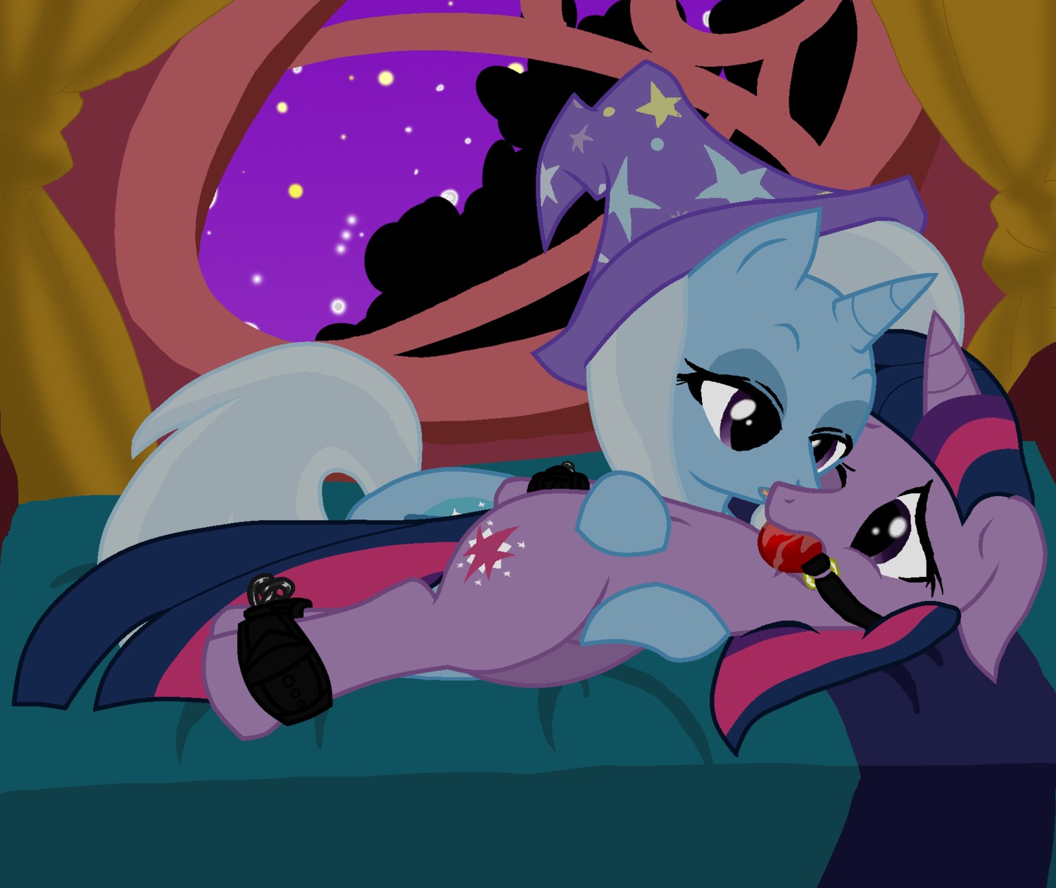 ball_gag bdsm bed bodily_fluids bondage bound clothing cutie_mark dominant dominant_female drooling duo e621 equid equine female female/female feral friendship_is_magic fur furniture gag gagged hair hasbro hat headgear headwear hi_res horn long_hair looking_at_viewer mammal multicolored_hair my_little_pony mythological_creature mythological_equine mythology purple_body purple_eyes purple_fur purple_hair pyruvate saliva submissive submissive_female tail trixie_(mlp) twilight_sparkle_(mlp) two_tone_hair unicorn wizard_hat
