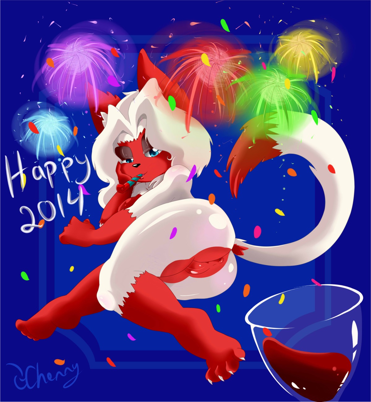 2013 2014 4_toes 5_fingers absurd_res alcohol anthro anus beverage biped black_nose blue_background blue_eyes butt claws confetti domestic_cat e621 english_text fan_character feet felid feline felis female fingers fireworks food fur genitals glass glistening hair half-closed_eyes hi_res holidays long_hair looking_at_viewer lying mammal narrowed_eyes naughtycherry new_year nude number on_side presenting presenting_hindquarters raised_arm shadow simple_background solo text toes translucent vulva wine