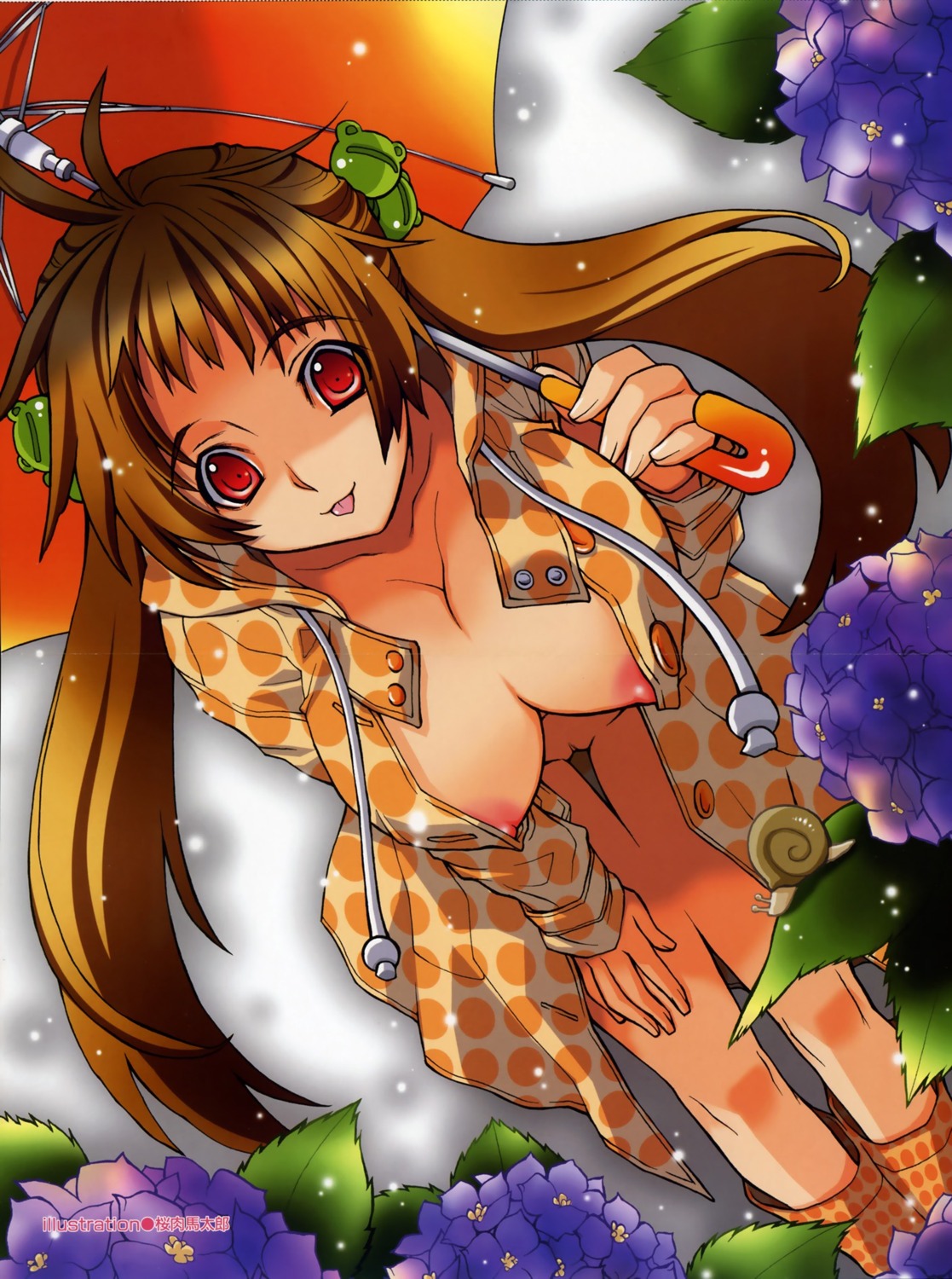 :p bent_over bottomless breasts brown_hair cleavage female flower hanging_breasts highres jacket nipples no_bra no_panties open_clothes open_coat open_shirt pussy raincoat red_eyes rule34 sakuraniku_umatarou shirt snail thigh_gap thighs tied_hair tongue twintails umbrella