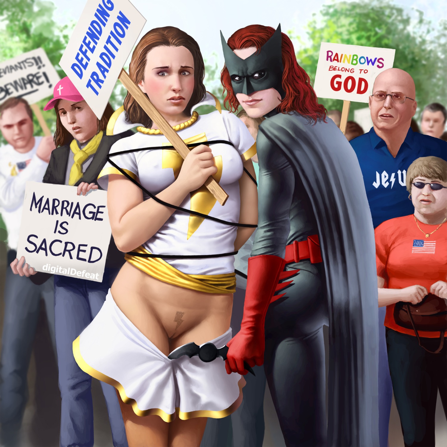 america american american_flag animal_ears assisted_exposure bat_ears batarang batman_(series) batwoman black_clothing blush cape christianity clothed clothed_female clothing clothing_aside costume day dc dc_comics digitaldefeat embarrassed english_text eyes female front_view fully_clothed genitals gloves headgear heroine holding_object holding_sign humiliation kate_kane lgbt_pride lightning_bolt_symbol long_gloves looking_at_viewer mary_batson mary_marvel mask miniskirt nipple_bulge nipples no_panties no_underwear open_eyes outdoor_nudity outside partially_clothed pride_colors protest protest_sign pubic_hair public public_exposure public_humiliation public_nudity pussy rainbow rainbow_pride_colors ranged_weapon red_clothing red_gloves religion rule34 sad shazam_(series) shirt short_sleeves sign skirt skirt_down sleeves superheroine text trimmed_pubic_hair united_states_of_america weapon white_clothing yuri