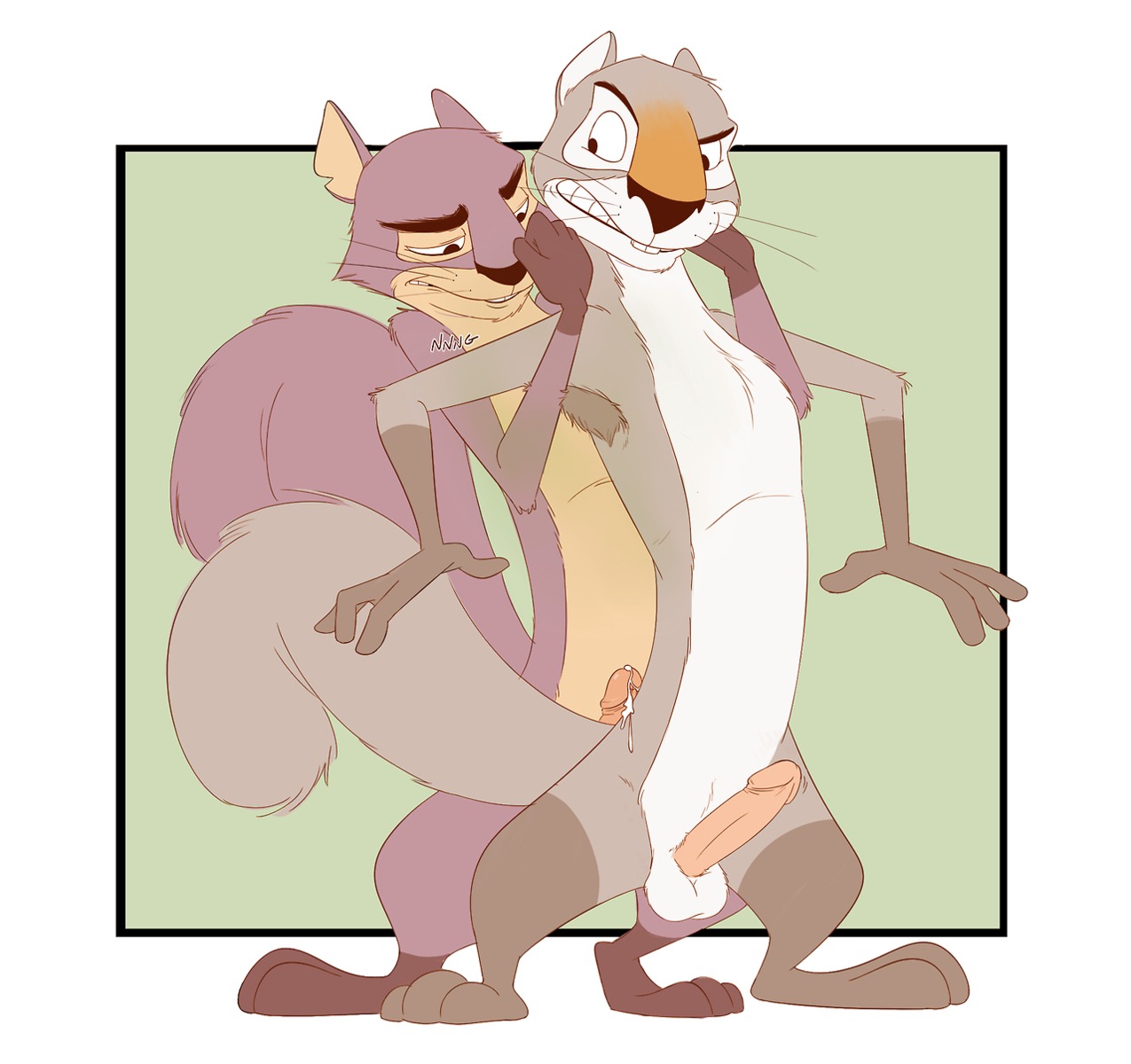 anthro armpit_hair balls bodily_fluids body_hair buckteeth douglas_squirrel duo e621 eastern_grey_squirrel erection genital_fluids genitals grayson_(the_nut_job) grey_squirrel grinding hi_res humanoid_genitalia humanoid_penis looking_back looking_down male male/male mammal penis pine_squirrel precum rodent sciurid sex standing surly teeth tenderule34 the_nut_job tree_squirrel whiskers