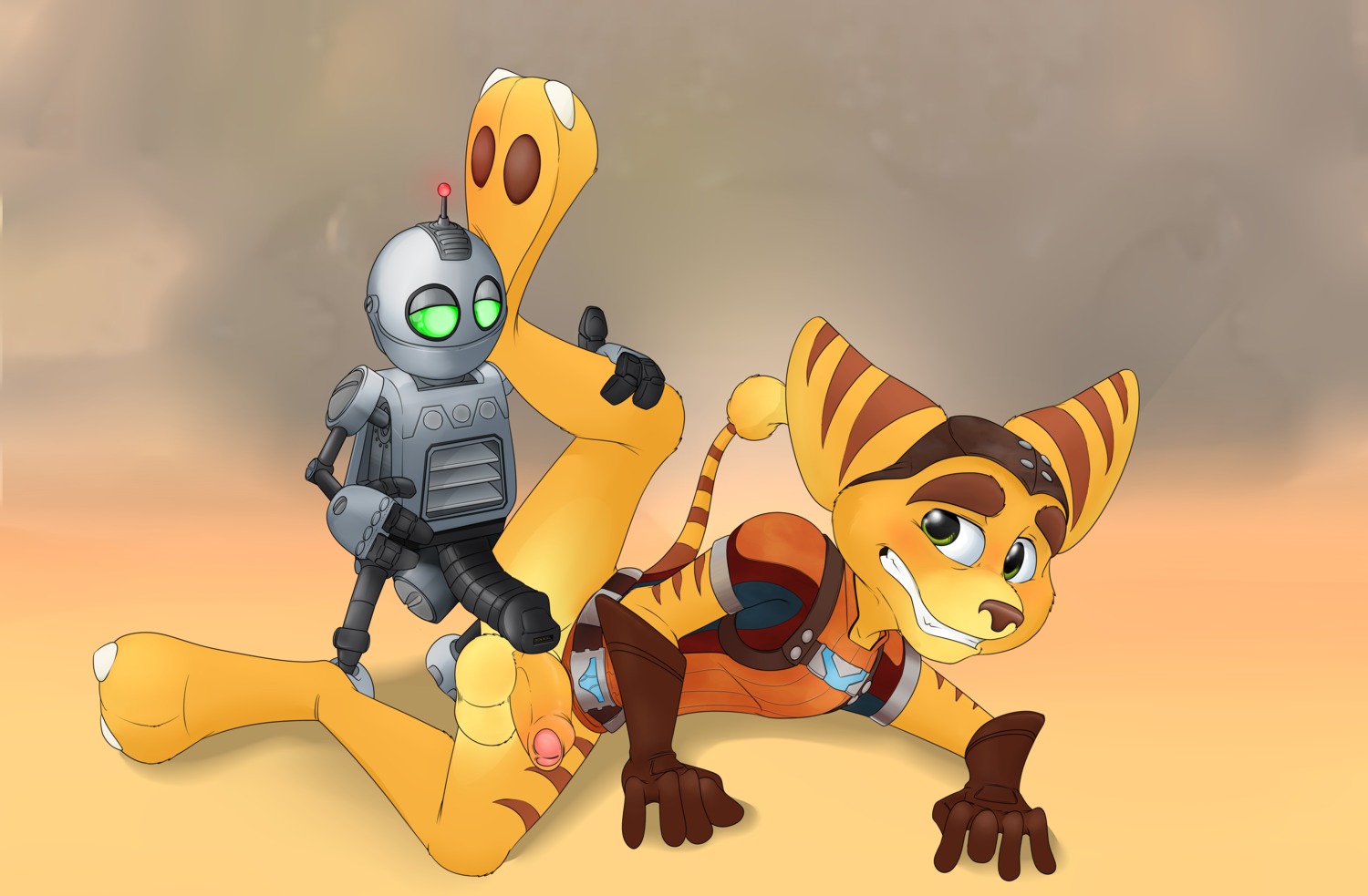absurd_res anthro balls bottomless clank_(ratchet_and_clank) clothed clothing duo e621 erection foreskin genitals green_eyes hi_res humanoid_genitalia humanoid_penis imminent_sex lombax looking_back machine male male/male mammal neenya partially_retracted_foreskin penis ratchet_(ratchet_and_clank) ratchet_and_clank robot sony_corporation sony_interactive_entertainment