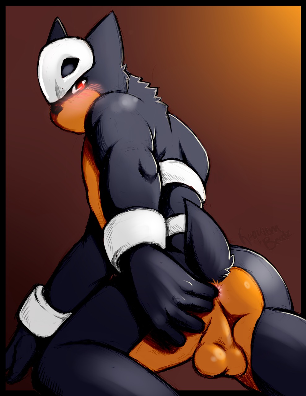 anal anal_fingering anthro anthrofied anus backsack balls black_body black_border black_fur blush border butt canid canine e621 fingering fur generation_2_pokemon genitals hi_res houndour khuraji looking_at_viewer looking_back male mammal multicolored_body multicolored_fur nintendo orange_body orange_fur perineum pokemon pokemon_(species) pokemorph rear_view red_eyes simple_background solo two_tone_body two_tone_fur