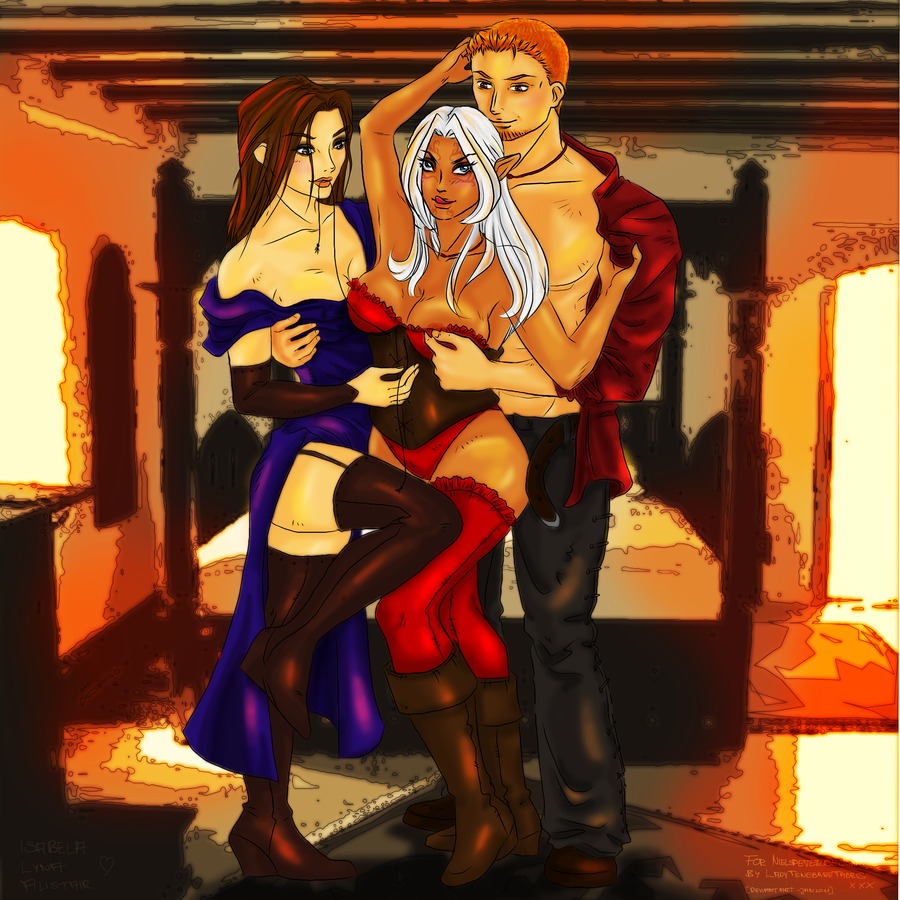 2d 2girls alistair_theirin breasts color dalish_elf dragon_age dragon_age_origins elf elf_ears female grey_warden isabela_(dragon_age) lyna_mahariel male male_human/female_elf pirate rule34 threesome