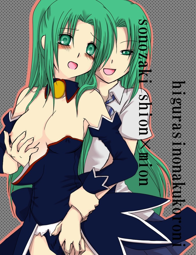 07th_expansion angel_mort angel_mort_uniform bare_shoulders blush breast_grab breasts crotch_grab female green_eyes green_hair higurashi_no_naku_koro_ni incest long_hair multiple_females multiple_girls nachi_(s-h14) naughty_face nipples open_mouth ponytail rule34 siblings sisters sonozaki_mion sonozaki_shion tear tied_hair twincest twins yuri