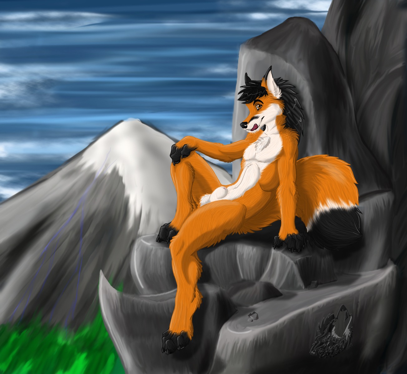animal_genitalia anthro balls big_tail biped canid canine codestrike detailed_background e621 fluffy fox fully_sheathed genitals hi_res huge_tail leaning looking_at_viewer male mammal mane mountain nude outside pose rock sheath sitting slim solo tail tongue