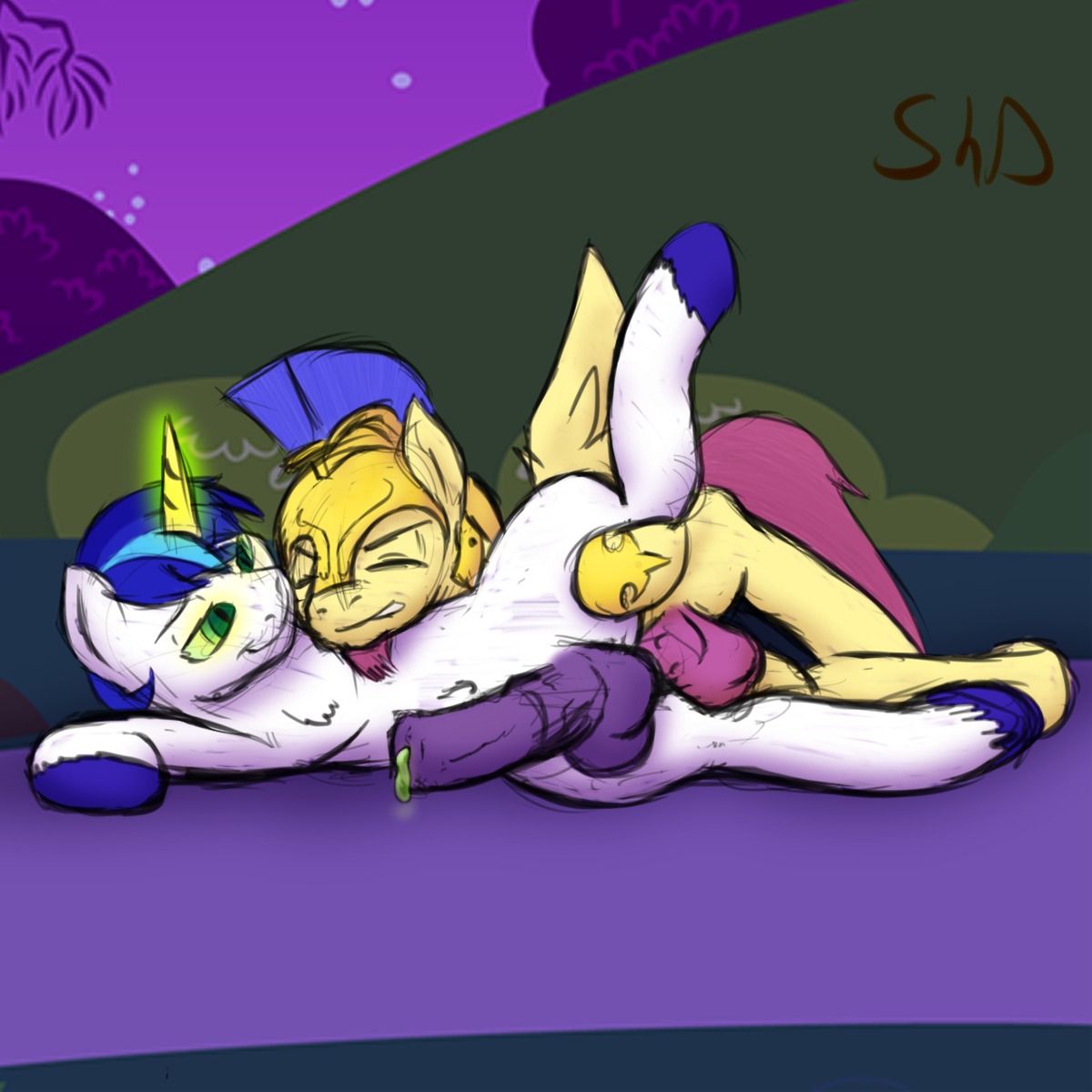 1:1 anal anal_penetration arthropod balls beard blue_hair brown_hair changeling_(mlp) clothing colored costume duo e621 equid equine erection facial_hair fan_character feathered_wings feathers feral friendship_is_magic fur genitals hair hasbro hi_res horn male male/male male_penetrated male_penetrating male_penetrating_male mammal mind_control muh-arts my_little_pony mythological_creature mythological_equine mythology outside pegasus penetration penis public queen_chrysalis_(mlp) rory_kenneigh royal_guard_(mlp) sex shining_armor_(mlp) slime transformation unicorn white_body white_fur wings yellow_body yellow_feathers yellow_fur