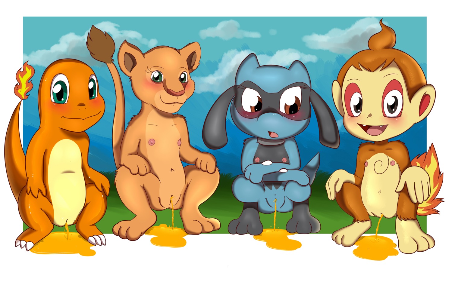 16:10 absurd_res anthro bodily_fluids canid canine charmander chimchar disney e621 felid female female_peeing fire flaming_tail flat_chested generation_1_pokemon generation_4_pokemon genital_fluids genitals group hi_res launny lion looking_at_viewer mammal nala_(the_lion_king) navel nintendo nipples orange_body orange_skin pantherine peeing peeing_together pokemon pokemon_(species) riolu tail the_lion_king urine urine_pool urine_stream vulva widescreen young young_anthro