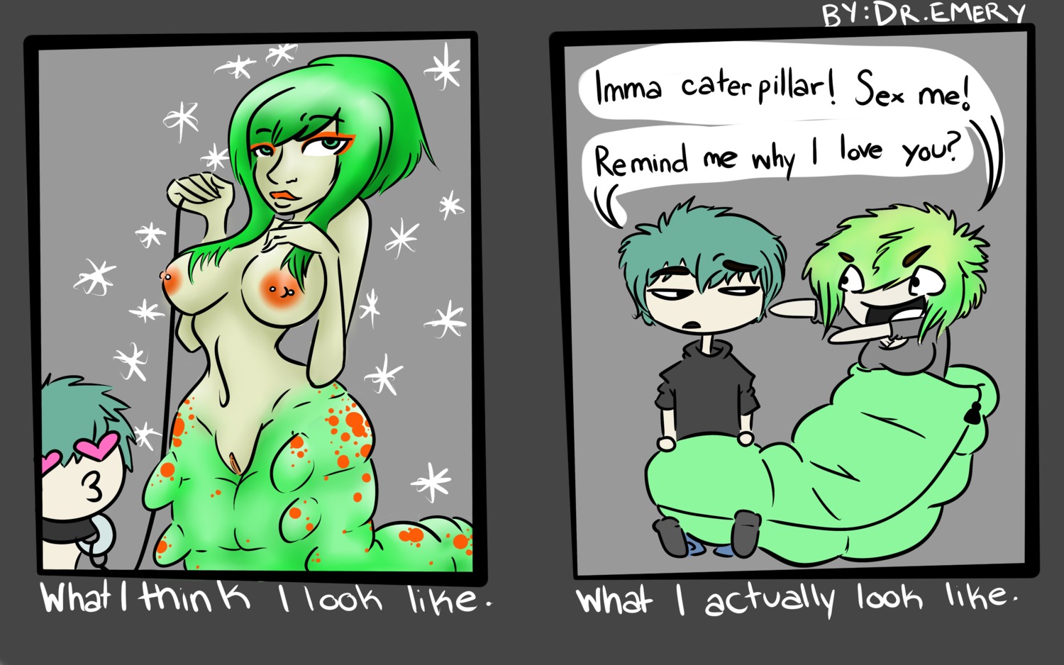 16:10 2011 absurd_res animal_humanoid arthropod arthropod_humanoid blue_hair breasts caterpillar collar comic dr_emery duo e621 english_text female genitals green_hair hair hi_res human human_on_human human_on_humanoid humanoid insect insect_humanoid interspecies intraspecies larva leash male male/female mammal monster monster_girl_(genre) nude sleeping_bag text vulva widescreen
