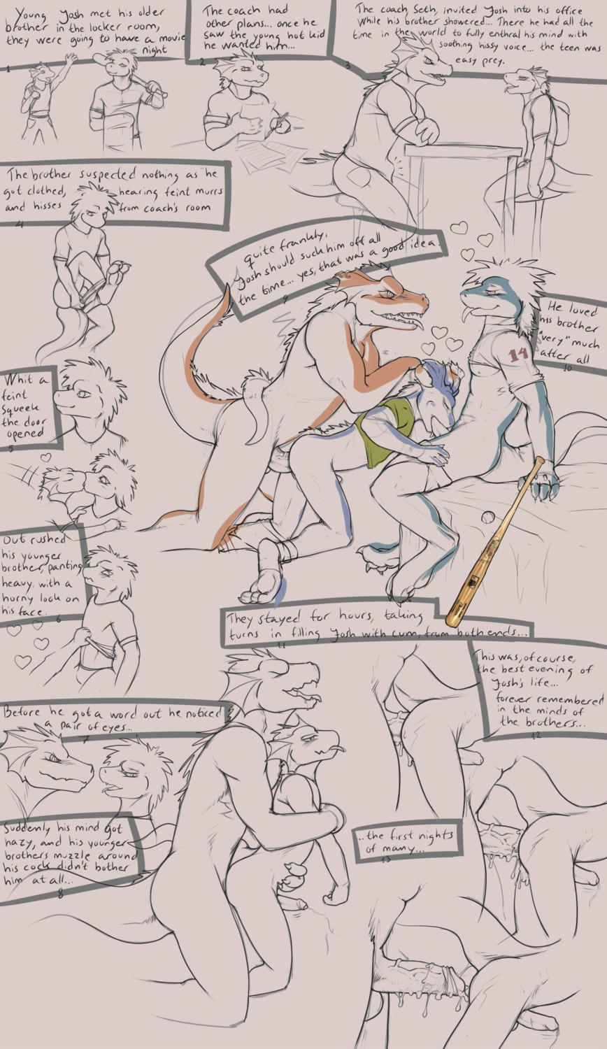 2011 abdominal_bulge adolescent age_difference anal anal_orgasm anal_penetration anthro black_and_white bodily_fluids brother_(lore) brothers_(lore) coach comic corruption cum cum_in_ass cum_inside cum_while_penetrated dialogue double_penetration e621 ejaculation english_text erection fellatio forced foreskin genital_fluids genitals group group_sex hands-free hi_res humanoid_genitalia humanoid_penis hypnosis incest_(lore) lizard male male/male male_penetrated male_penetrating male_penetrating_male mind_control monochrome oral oral_penetration orgasm partially_retracted_foreskin penetration penile penis rape reptile retracted_foreskin sarovak scalie sex sibling_(lore) size_difference spiral spiral_eyes spitroast stated_incest sudden tail text young