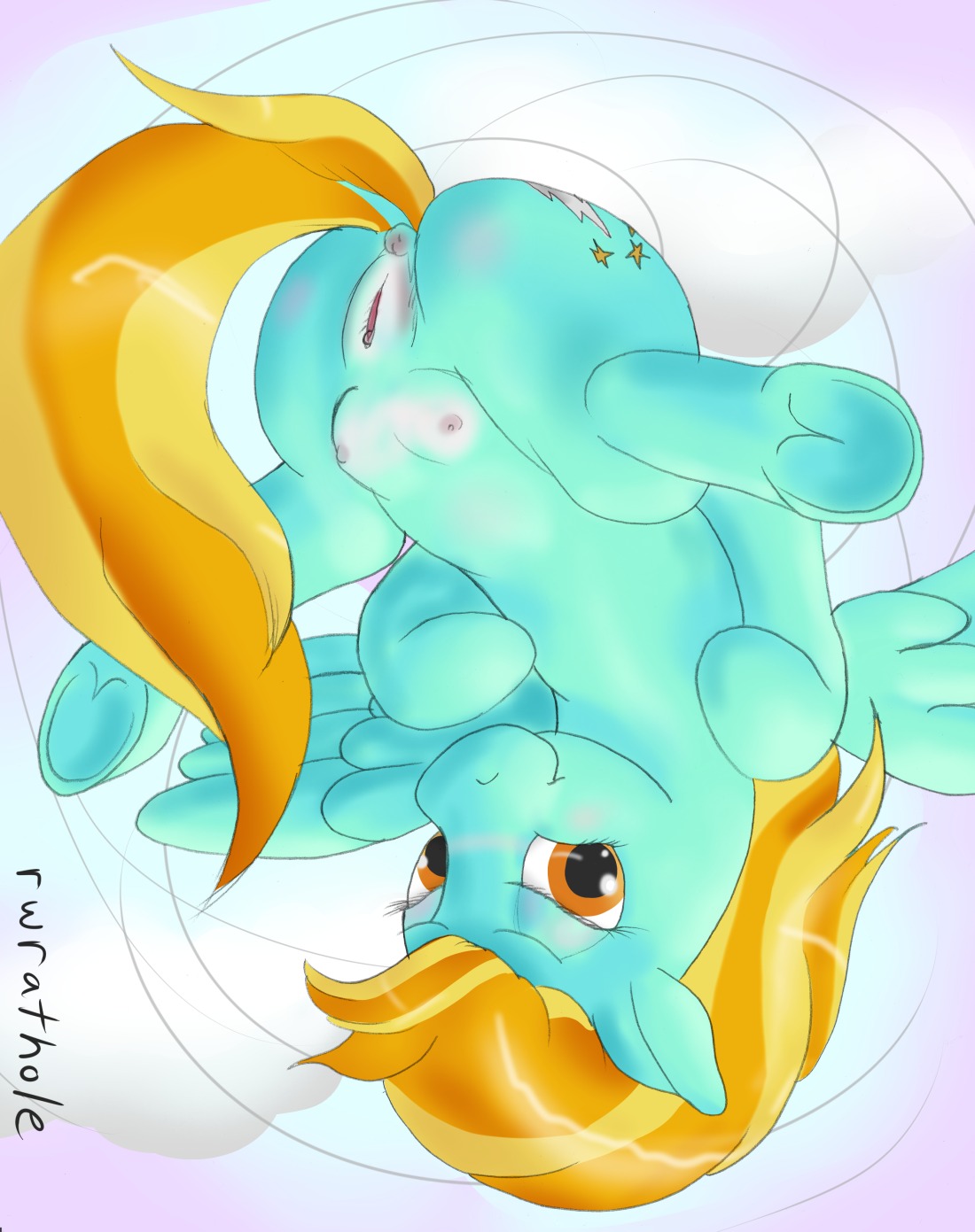 2013 anus blue_body blue_feathers e621 equid equine feathered_wings feathers female feral friendship_is_magic fur genitals green_body green_fur hair hasbro hi_res lightning_dust_(mlp) mammal multicolored_hair my_little_pony mythological_creature mythological_equine mythology nezudomo orange_hair pegasus solo spread_legs spreading teats two_tone_hair vulva wings