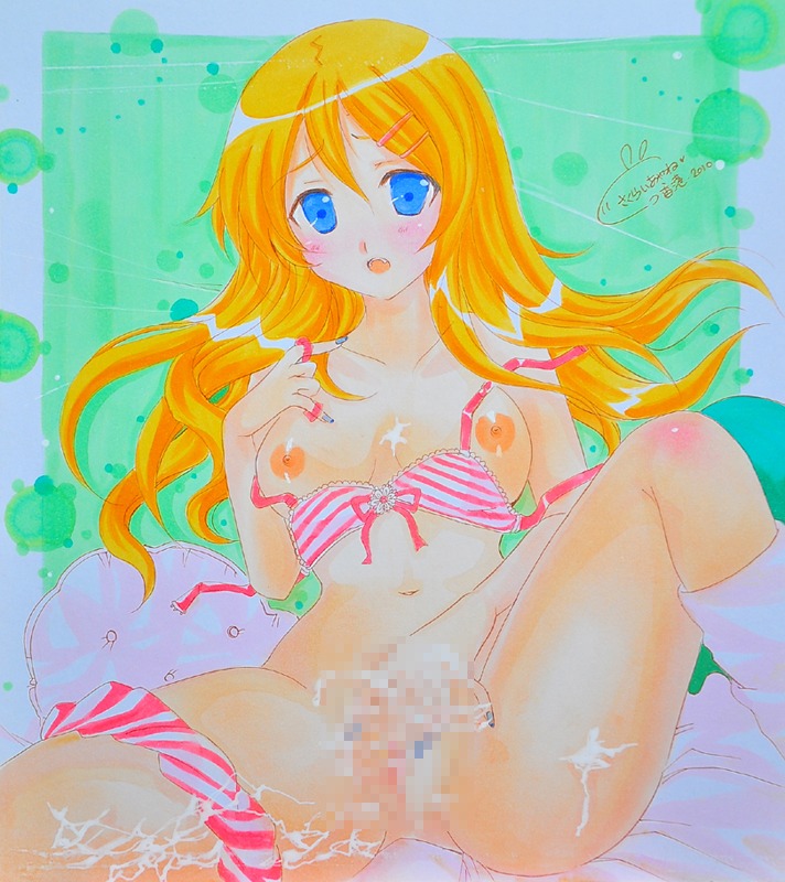 areola areolae bed blue_eyes blush bra breasts censored cute_fang female female_only hair_ornament hairclip human kousaka_kirino lingerie nipples orange_hair ore_no_imouto_ga_konna_ni_kawaii_wake_ga_nai panties pillow rule34 solo underwear undressing