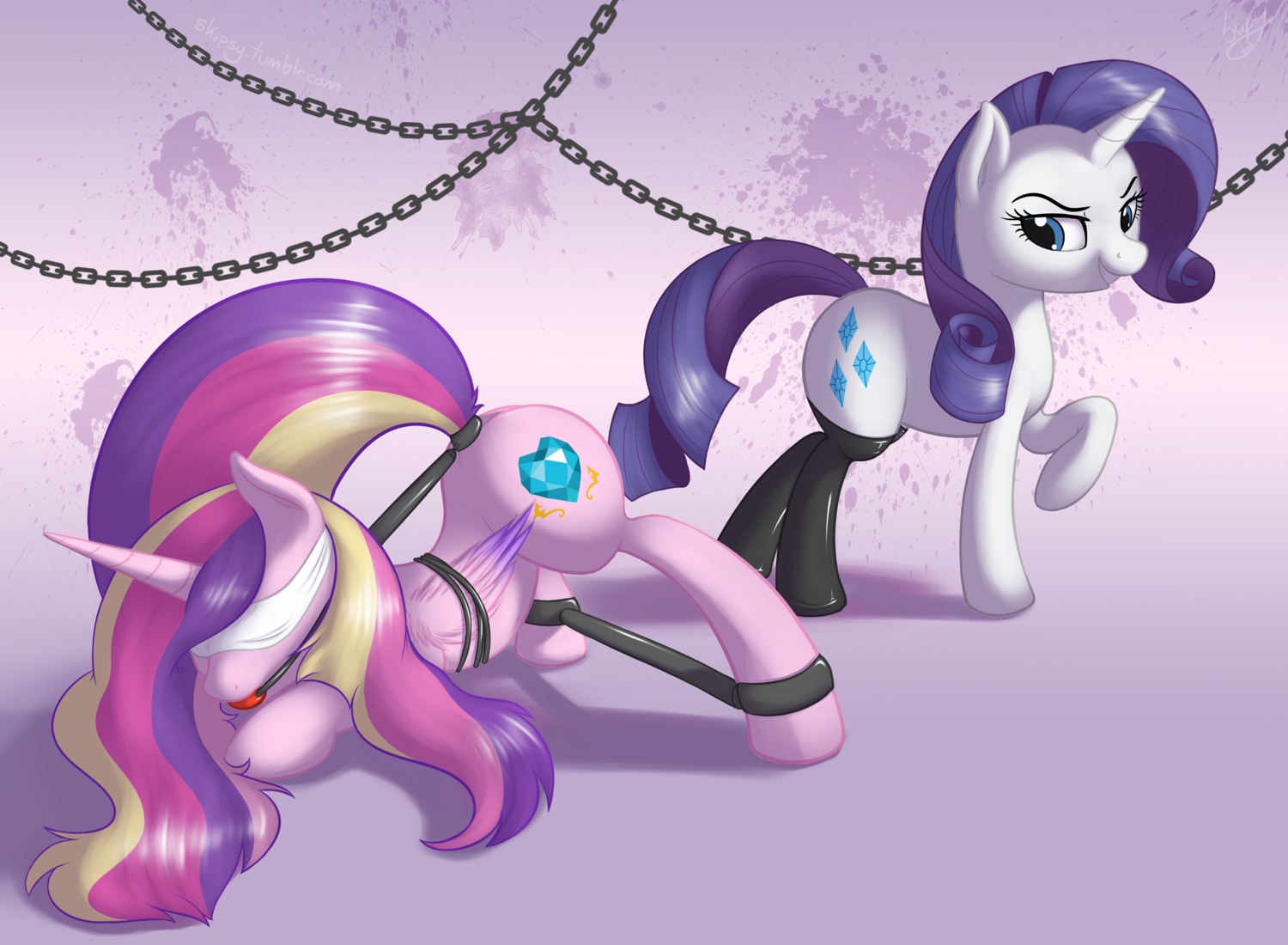 ball_gag bdsm blindfold blue_eyes bondage bound chain clothing cutie_mark duo e621 equid equine feathered_wings feathers female feral friendship_is_magic fur gag gagged hair hasbro hi_res horn legwear mammal multicolored_hair my_little_pony mythological_creature mythological_equine mythology pink_body pink_feathers pink_fur princess_cadance_(mlp) purple_hair rarity_(mlp) restraints skipsy spread_legs spreader_bar spreading tail tail_bondage tail_tied thigh_highs unicorn white_body white_fur winged_unicorn wings