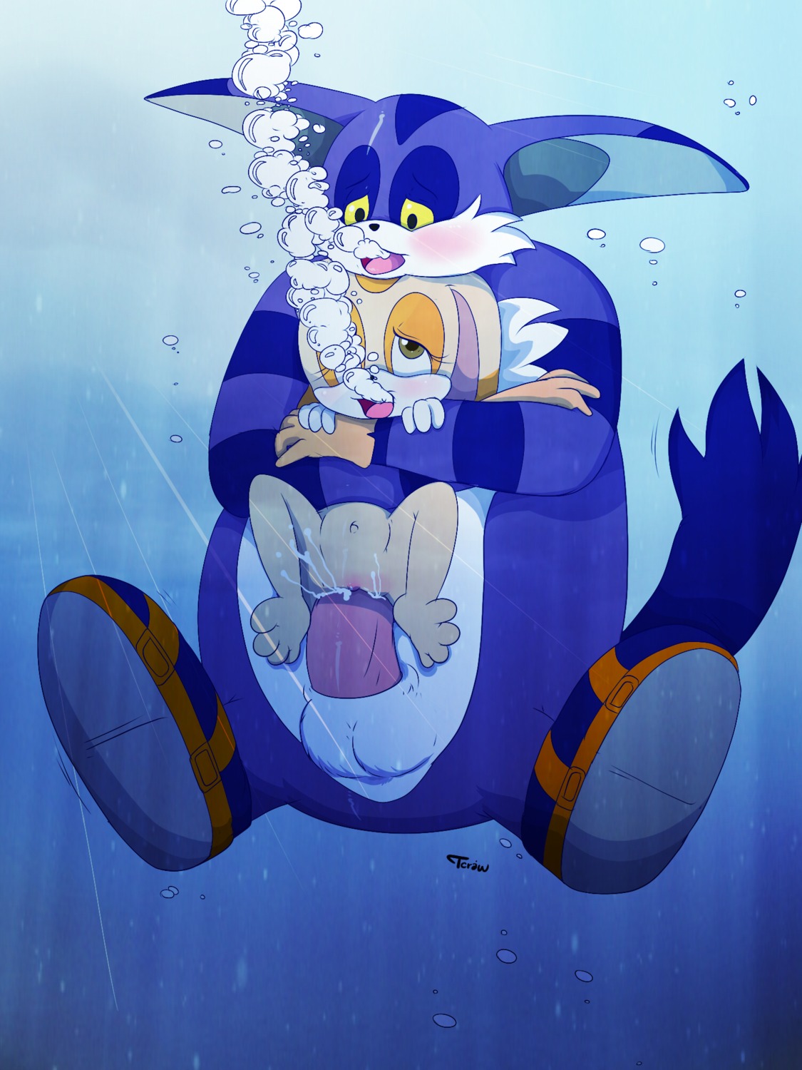 3:4 abdominal_bulge anthro asphyxiation balls big_penis big_the_cat blush bodily_fluids clothing cream_the_rabbit cum cum_in_vagina cum_inside domestic_cat dominant drowning duo e621 erection felid feline felis female female_penetrated footwear genital_fluids genitals hi_res huge_penetration interspecies lagomorph larger_dom larger_male launny leporid male male/female male_penetrating male_penetrating_female mammal nude open_mouth penetration penis rabbit ridiculous_fit sega sex shoes size_difference smaller_female smaller_penetrated smile sonic_the_hedgehog_(series) spread_legs spreading stretched_vagina tail tight_fit underwater vaginal vulva water young young_anthro