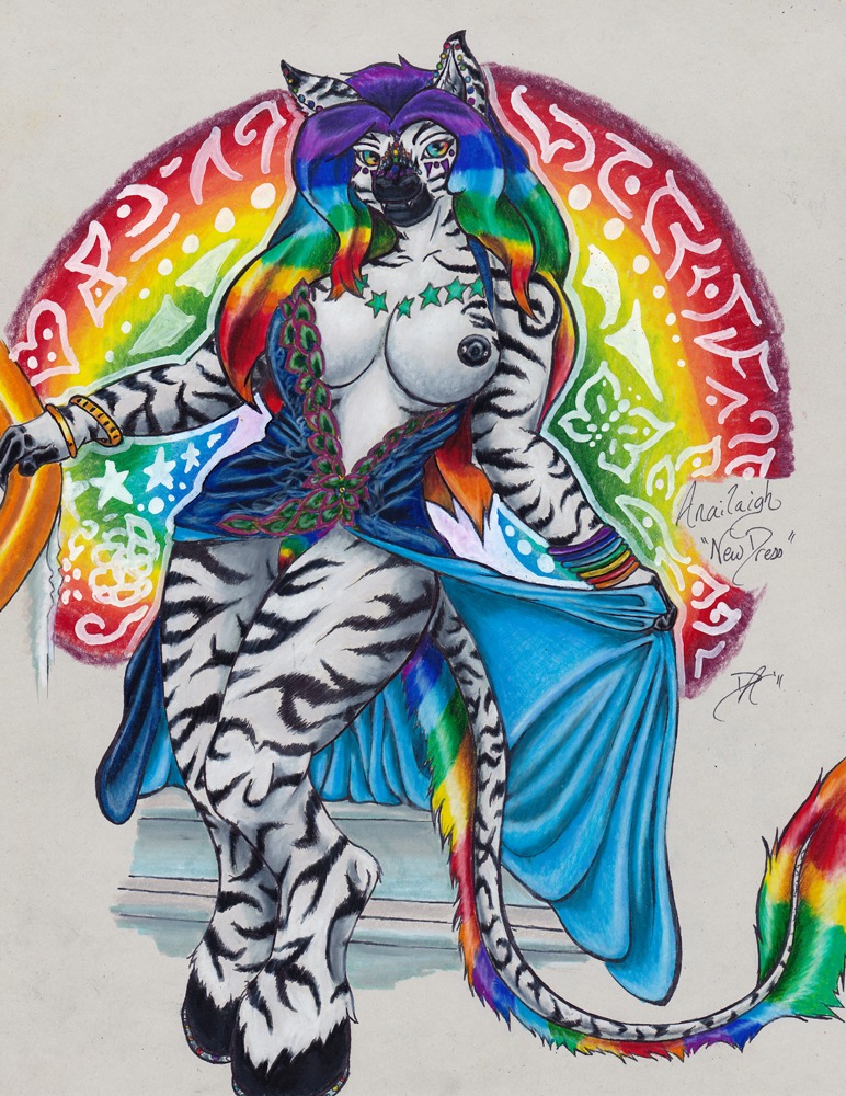 anailaigh anthro breasts canid canine canis clothed clothing colorful_theme daelyhelaxon dress e621 equid equine female genitals hooves hybrid mammal nipples piercing rainbow solo sparklefur stairs stripes tail tattoo teeth vulva wolf zebra