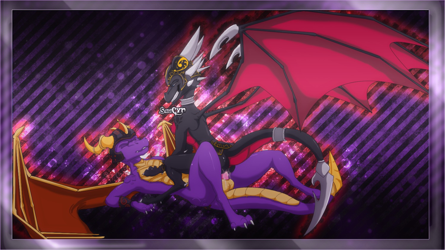 abstract_background anthro black collar cum cum_in_pussy cum_inside cynder cynder-the-dragon dragon female jewelry male markings penis pussy red rule34 scalie sex spyro spyro_the_dragon