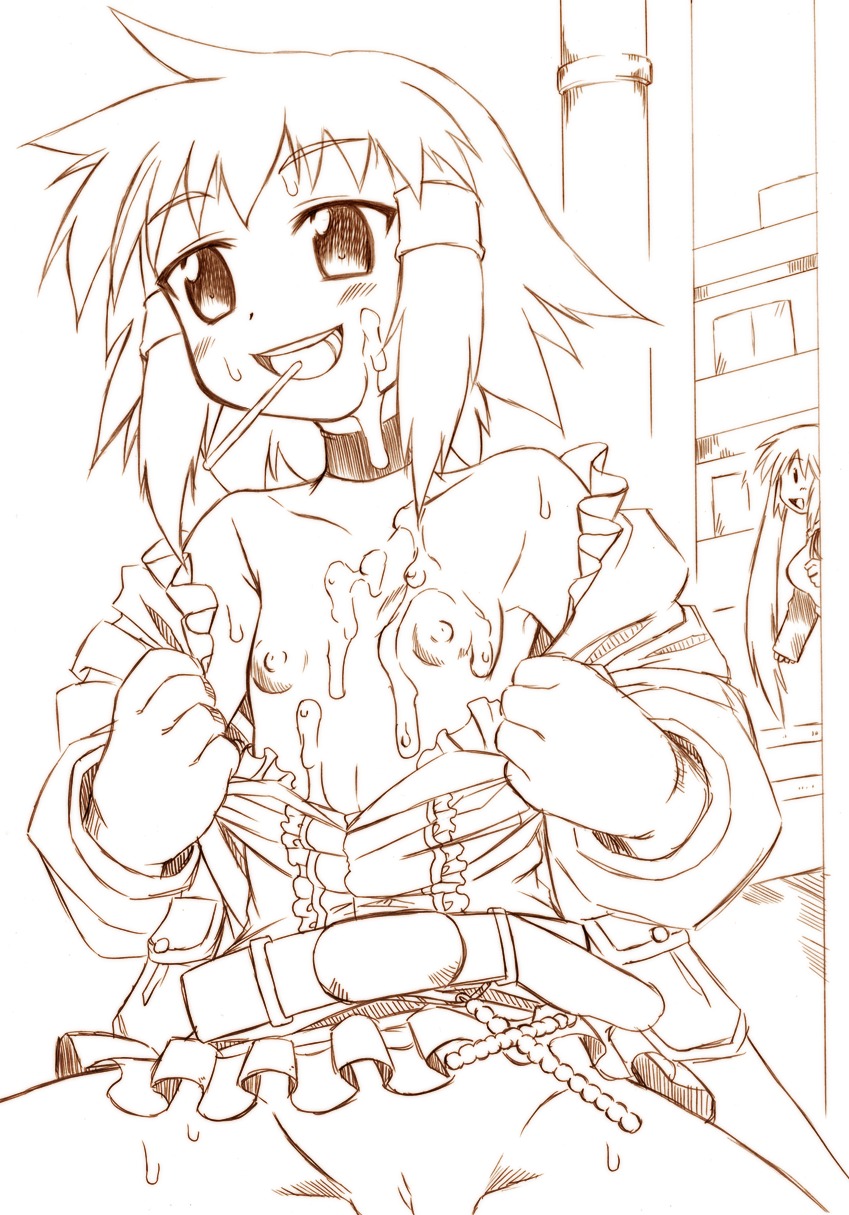 belt candy character_request choker copyright_request cum cum_on_body cum_on_upper_body female flat_chest highres lollipop long_hair marusuke monochrome nipples open_clothes open_shirt pussy rule34 shirt smile spread_legs undressing very_long_hair