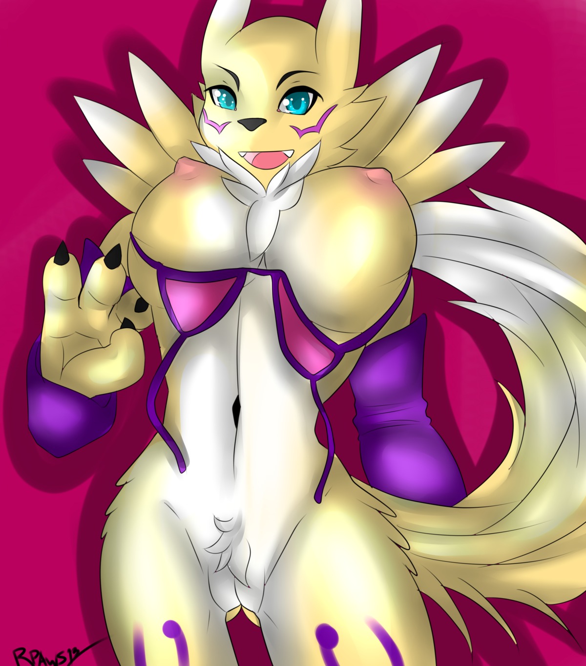 2013 :d absurd_res anthro bandai_namco big_breasts biped black_body black_nose black_skin blue_eyes bra breasts canid canine claws clothed clothing digimon digimon_(species) dipstick_tail e621 fangs female fur genitals glistening gloves handwear hi_res looking_at_viewer mammal markings navel nipples open_mouth partially_clothed pink_body pink_skin raised_arm renamon renamonpaws shadow sharp_teeth smile solo standing tail tail_markings teeth tongue underwear vulva white_body white_fur yellow_body yellow_fur