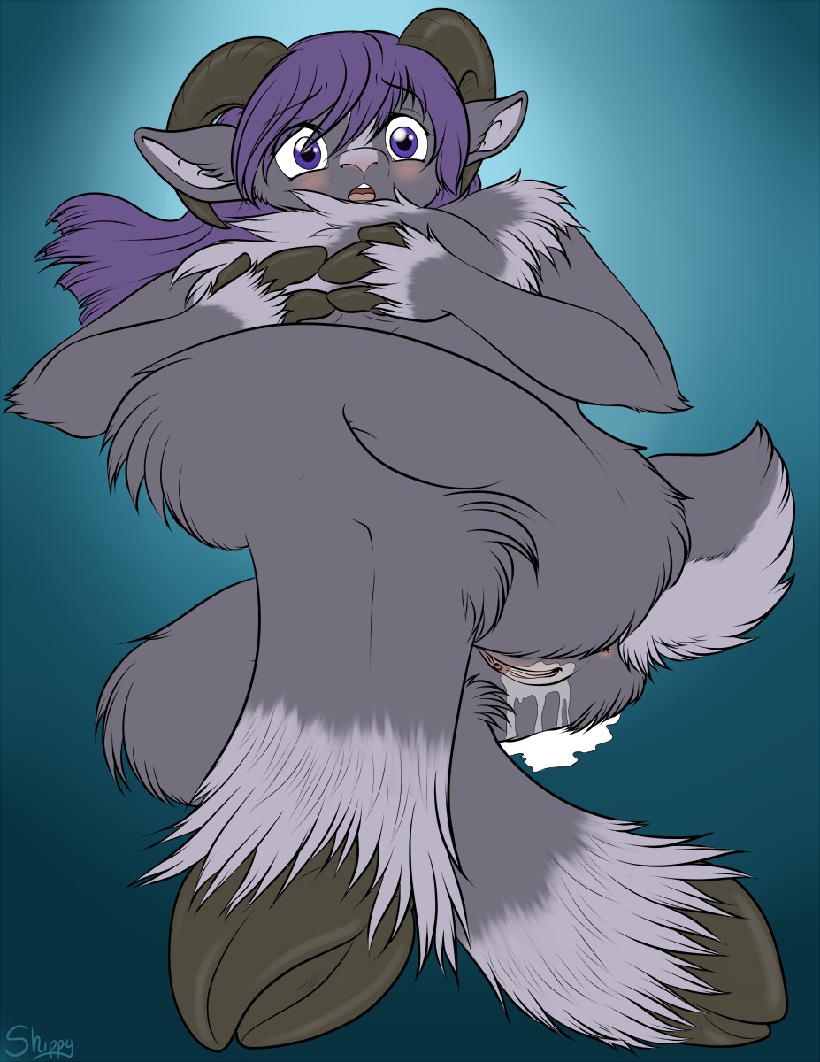 anthro anus biped bodily_fluids bovid caprine cum e621 female fur genital_fluids genitals goat gradient_background grey_body grey_fur hair hi_res hooves horn mammal nude open_mouth purple_eyes purple_hair scared ship-wreck simple_background solo vulva