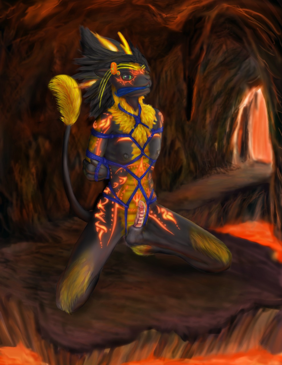 anthro asian_mythology balls bdsm biped bondage bound cave chinese_mythology cloth_gag dragon e621 east_asian_mythology erection full-length_portrait fur furred_dragon furred_scalie gag gagged genitals hands_behind_back hi_res kirin kneeling lava looking_at_viewer male mythological_creature mythological_scalie mythology nipples nude penis pink_penis portrait restraints rimefox rope rope_bondage rope_harness scalie solo submissive submissive_male tail