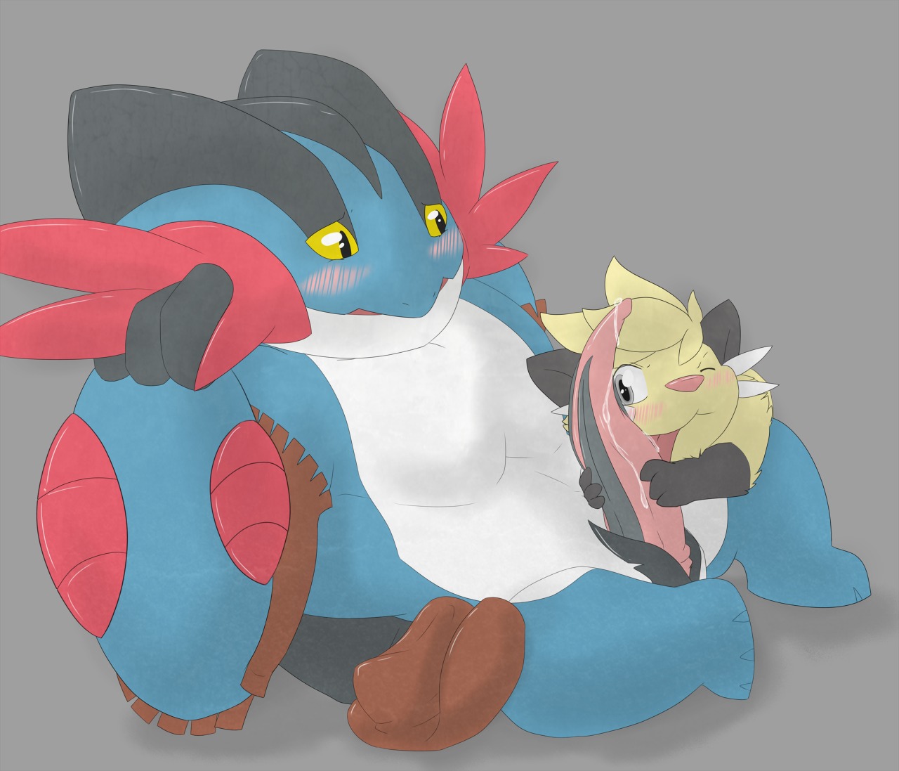 2014 ambiguous_gender animal_genitalia anthro blush bodily_fluids dewott duo e621 erection fellatio fur generation_5_pokemon generation_6_pokemon genital_fluids genital_slit genitals happy kairyu211 larger_male licking looking_down male mammal mega_evolution mega_swampert mustelid nintendo nude one_eye_closed oral penile penis penis_lick pokemon pokemon_(species) precum sex size_difference smaller_ambiguous smile tongue tongue_out
