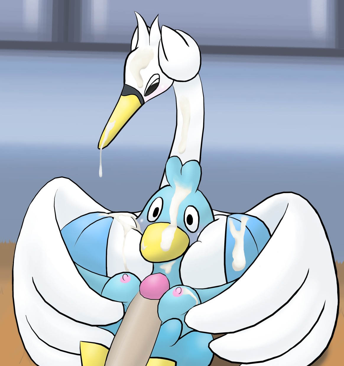 avian beak between_breasts bird bodily_fluids breast_play breasts busty_feral cum cum_covered cum_on_beak cum_on_face disembodied_penis ducklett e621 erection excessive_cum excessive_genital_fluids female feral generation_5_pokemon genital_fluids genitals glans group hi_res humanoid_genitalia humanoid_penis interspecies male male/female messy nintendo nipples non-mammal_breasts non-mammal_nipples ole penis pokemon pokemon_(species) pokephilia sex swanna titfuck