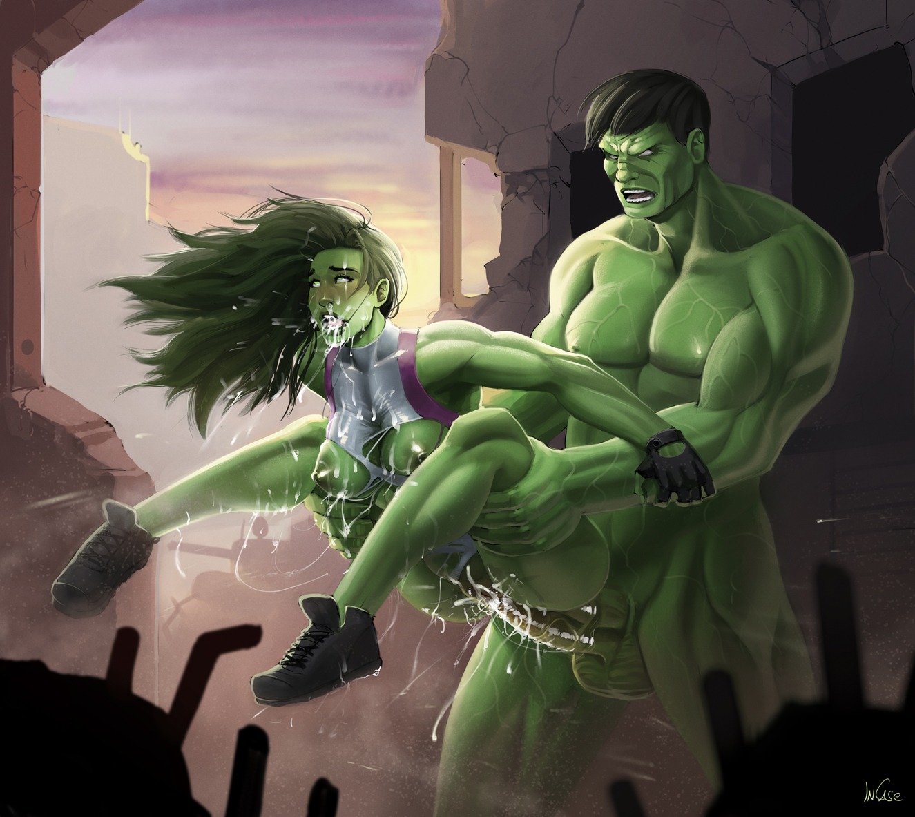 1boy 1girls alternate_version_available anatomical_nonsense balls big_breasts blush breasts cousins cum cum_covered cum_in_pussy cum_inside cum_on_face disney female fingerless_gloves fucked_senseless green_hair green_skin hulk hulk_(series) incase incest male marvel marvel_comics muscles muscular muscular_female muscular_male nipples nude nude_male penis pussy reverse_suspended_congress rule34 sex she-hulk shoes straight testicles torn_clothing torn_leotard vaginal_sex veiny_muscles