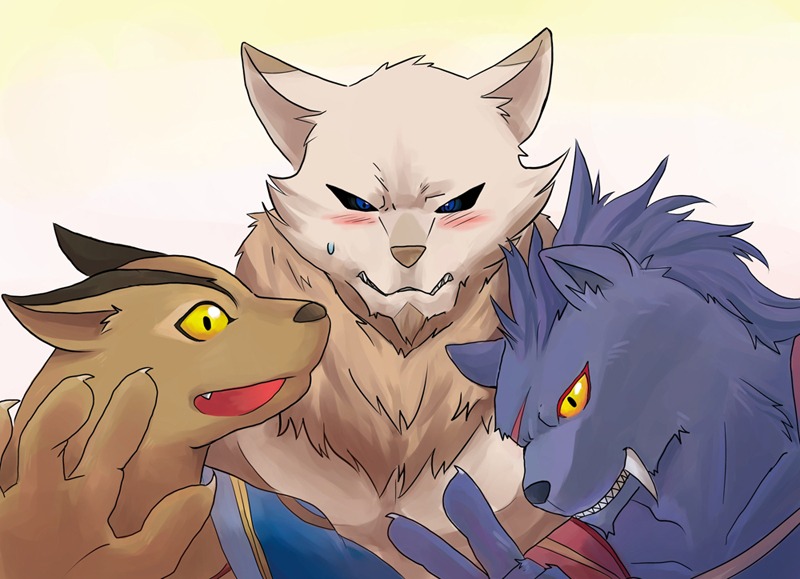 2011 annoyed anthro black_sclera blue_body blue_eyes blue_fur blue_hair blush bodily_fluids brown_body brown_fur canid canine clenched_teeth clothed clothing cougar_(suikoden) digital_drawing_(artwork) digital_media_(artwork) diulf_(suikoden) e621 embarrassed eye_scar facial_hair facial_scar fangs fur furious_roar gesture goatee grin group group_photo hair hand_gesture happy kemono konami looking_at_viewer male mammal mane megion_(suikoden) muscular muscular_anthro muscular_male neck_tuft nviek5 open_mouth open_smile scar sharp_teeth simple_background smile suikoden suikoden_tierkreis sweat sweatdrop tan_body tan_fur teeth trio tuft unavailable_at_source v_sign warrior yellow_sclera