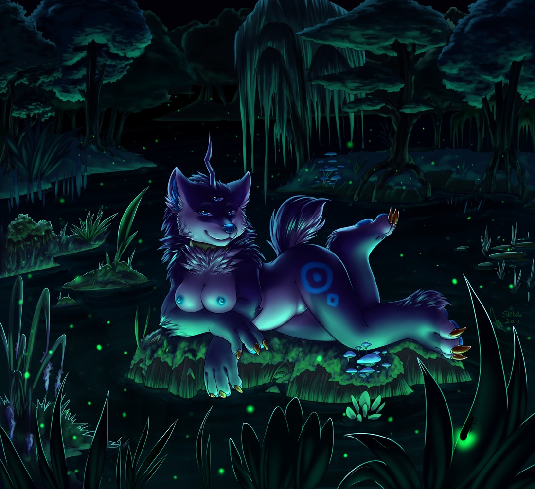 3_eyes ambient_arthropod ambient_firefly ambient_insect anthro arthropod bear bioluminescence blue_eyes breasts canid claws darkness detailed_background e621 female fionbri fungus genitals glowing horn looking_at_viewer luna_(runenora) mammal multi_eye mushroom nature nipples nude outside pinup plant pose scenery shibara solo swamp tail tree unknown_species vulva water wood