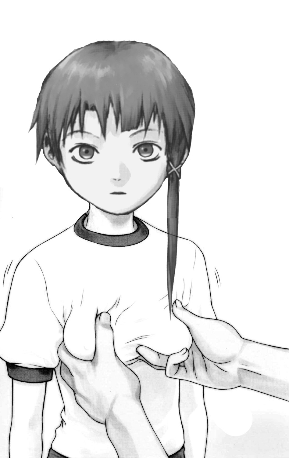 1girls artist_request breast_grab breast_squeeze breasts clothed clothing female fondling_breast greyscale groping groping_breasts groping_through_clothes gym_uniform human human_only lain_iwakura large_eyes looking_at_viewer male medium_breasts pov rule34 serial_experiments_lain shirt short_hair small_breasts solo standing t-shirt tagme tagme_(artist) tshirt unseen_male_face white_background