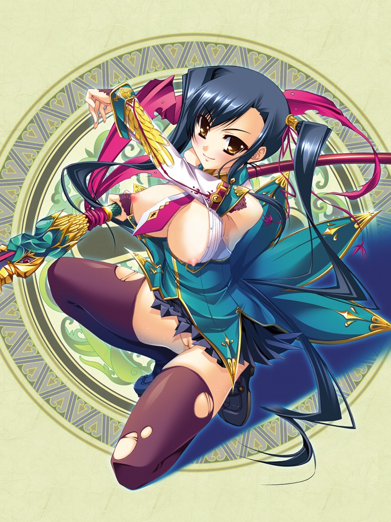 female kan'u_unchou_(koihime) katagiri_hinata koihime&dagger;_(series) koihime_musou nipples nopan oppai pussy rule34 thighhighs torn_clothes vagina