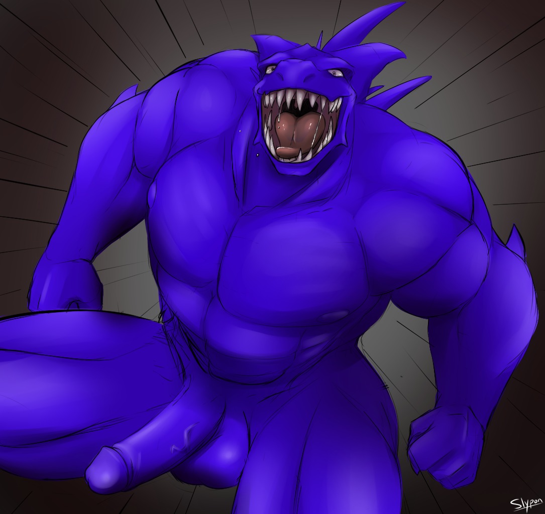 2014 anthro balls biceps big_muscles e621 erection genitals humanoid_genitalia humanoid_penis looking_at_viewer male monster muscular muscular_anthro muscular_male nude open_mouth penis slypon solo