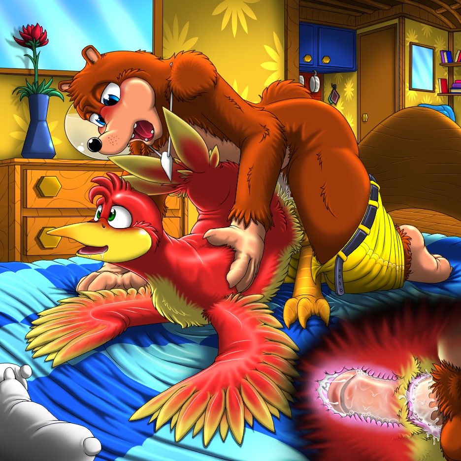 1:1 2014 all_fours ambiguous_gender anthro anthro_on_feral avian balls banjo-kazooie banjo_(banjo-kazooie) barefoot beak bear bed bedroom belt bestiality bird blue_eyes blush bodily_fluids bottomwear bottomwear_down breegull brown_body brown_fur cloacal cloacal_canal cloacal_penetration clothed clothing cum cum_inside cum_on_penis doggystyle drooling duo e621 erection feathered_wings feathers feet female feral from_behind_position fur furniture genital_fluids genitals green_eyes inside internal interspecies jewelry kazooie kitsune_youkai looking_down male male/ambiguous mammal necklace nude open_mouth orgasm pants pants_down partially_clothed penetration penis rareware saliva sex smile teeth tongue wings