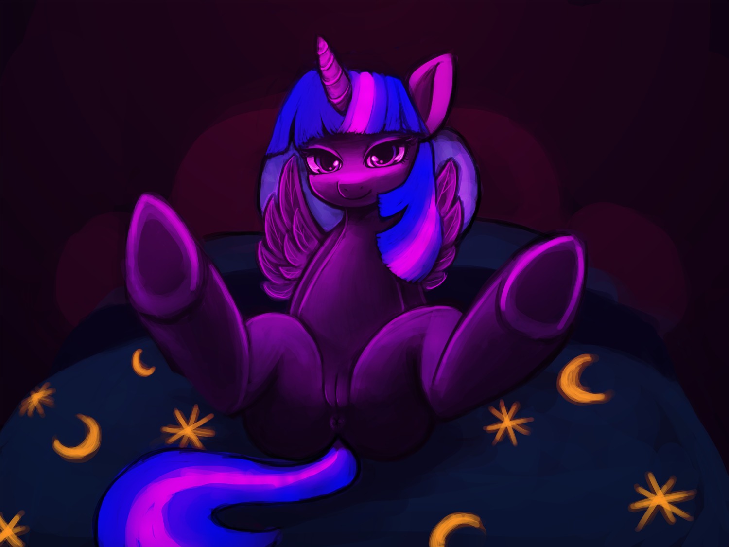 4:3 anus bed bedroom_eyes digital_media_(artwork) e621 equid equine feathered_wings feathers female feral friendship_is_magic fur furniture genitals hair half-closed_eyes hasbro hooves horn inside legs_up looking_at_viewer lumineko mammal multicolored_hair my_little_pony mythological_creature mythological_equine mythology narrowed_eyes on_bed presenting presenting_vulva purple_body purple_eyes purple_feathers purple_fur purple_hair purple_theme seductive sitting smile solo spread_legs spreading twilight_sparkle_(mlp) two_tone_hair vulva winged_unicorn wings