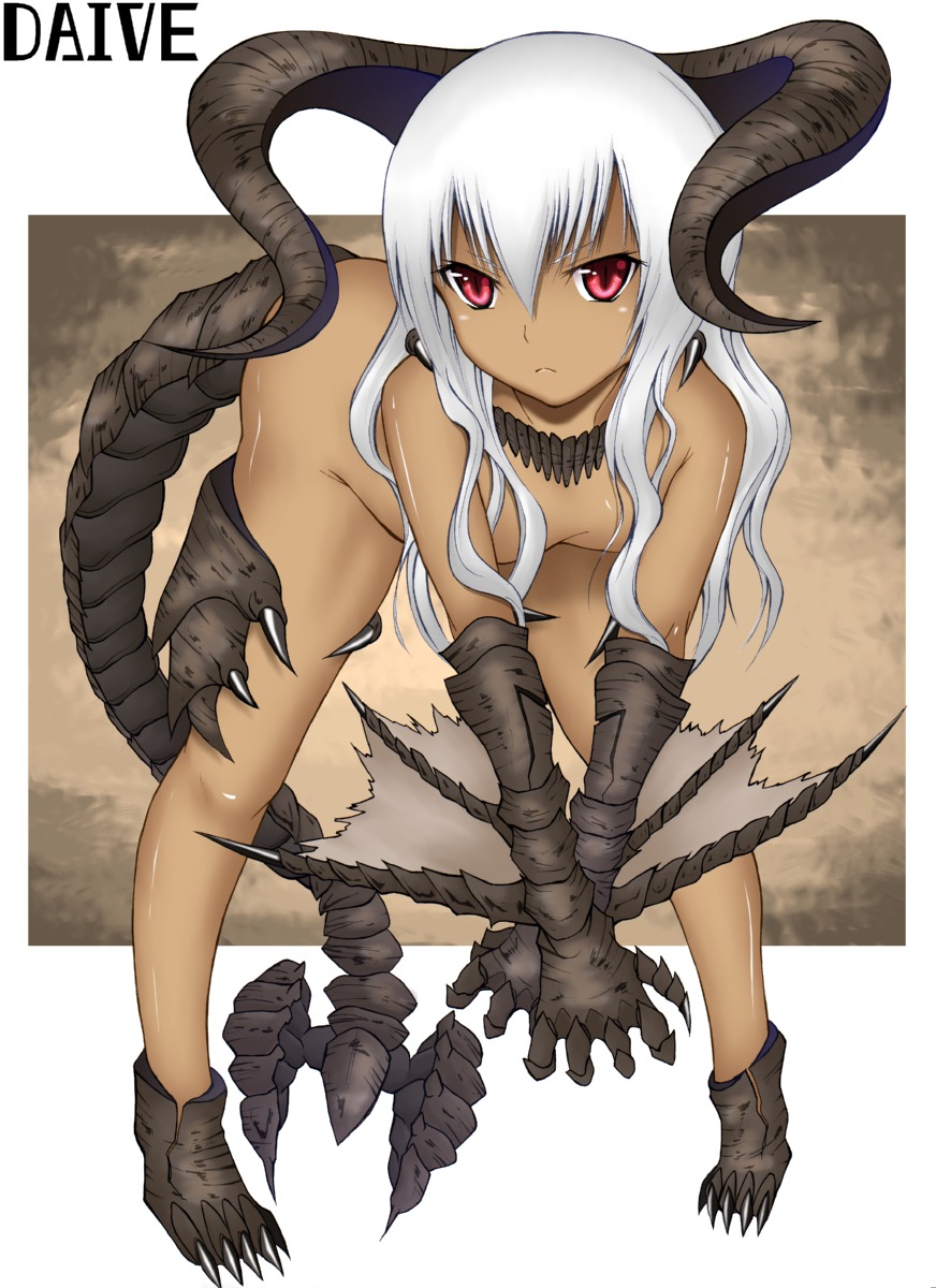 bent_over black_diablos claws daive dark_skin diablos female highres horns jewelry long_hair monster_girl monster_hunter necklace nude personification red_eyes rule34 tail white_hair