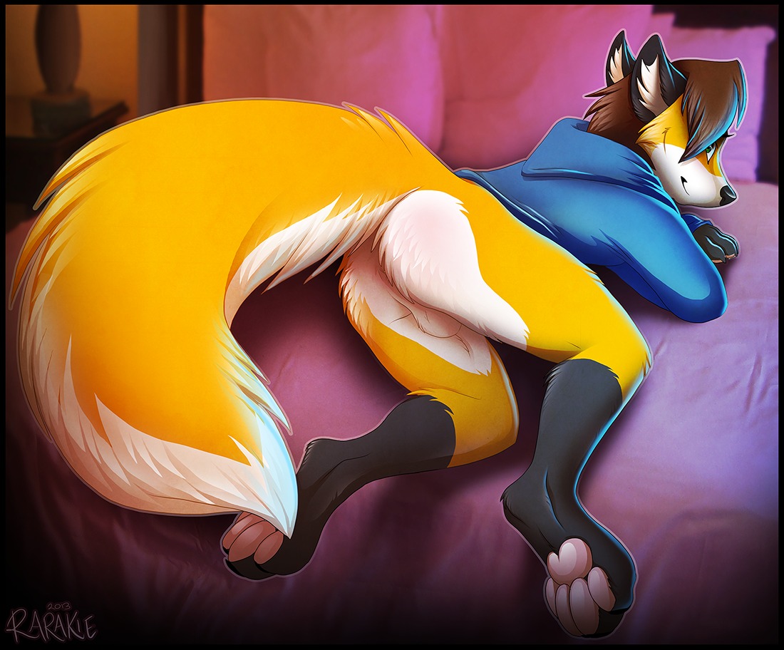 2013 5_toes anthro anus backsack balls bed biped black_nose bottomless brown_hair butt canid canine clothed clothing digitigrade e621 feet fluffy fluffy_tail fox furniture genitals hair hindpaw looking_at_viewer looking_back lying male mammal on_front pawpads paws presenting presenting_hindquarters rarakie soles solo tail toes