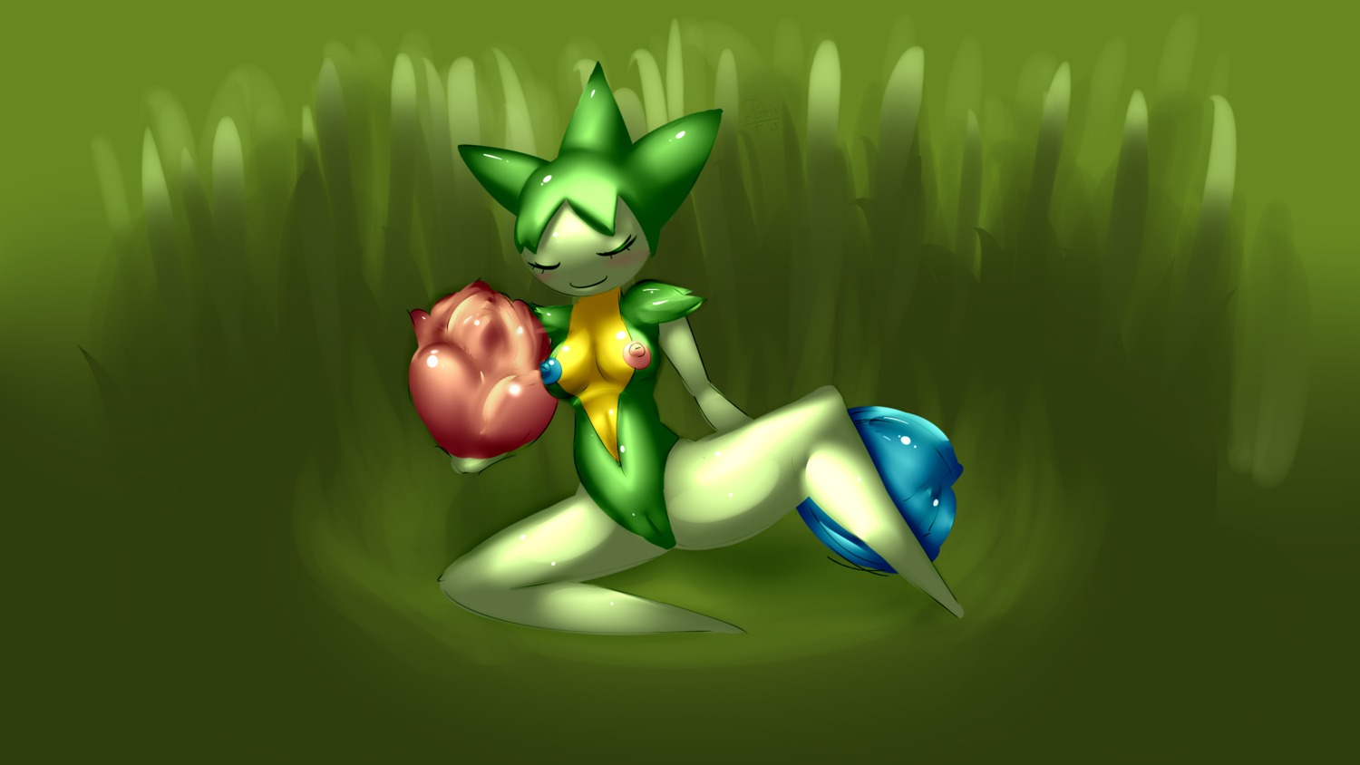 16:9 2013 blue_nipples blush breasts digital_media_(artwork) e621 elpatrixf eyes_closed female flower flower_(anatomy) generation_3_pokemon genitals hi_res humanoid nintendo nipples plant pokemon pokemon_(species) red_nipples roselia solo vulva wallpaper widescreen
