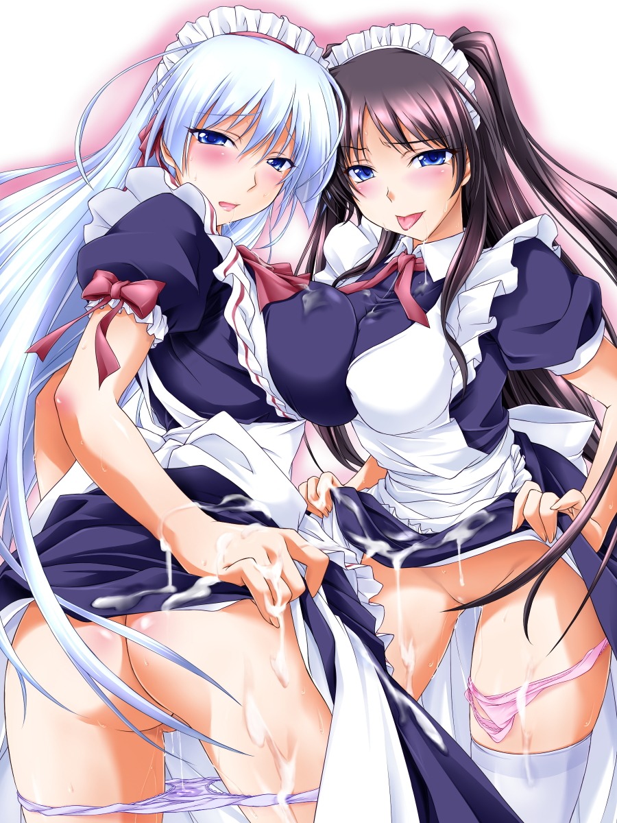 aquamu ass black_hair blue_eyes blush cum cum_on_body cum_on_clothes cum_on_lower_body cum_on_upper_body female female_only game_cg gohoushi_sister!_sofie_&amp;_patty highres long_hair looking_at_viewer maid maid_headdress multiple_females multiple_girls no_visible_genitalia open_mouth panties panties_around_one_leg panty_pull pink_panties pussy pussy_juice rule34 skirt skirt_lift thighhighs tongue underwear white_hair white_legwear white_thighhighs