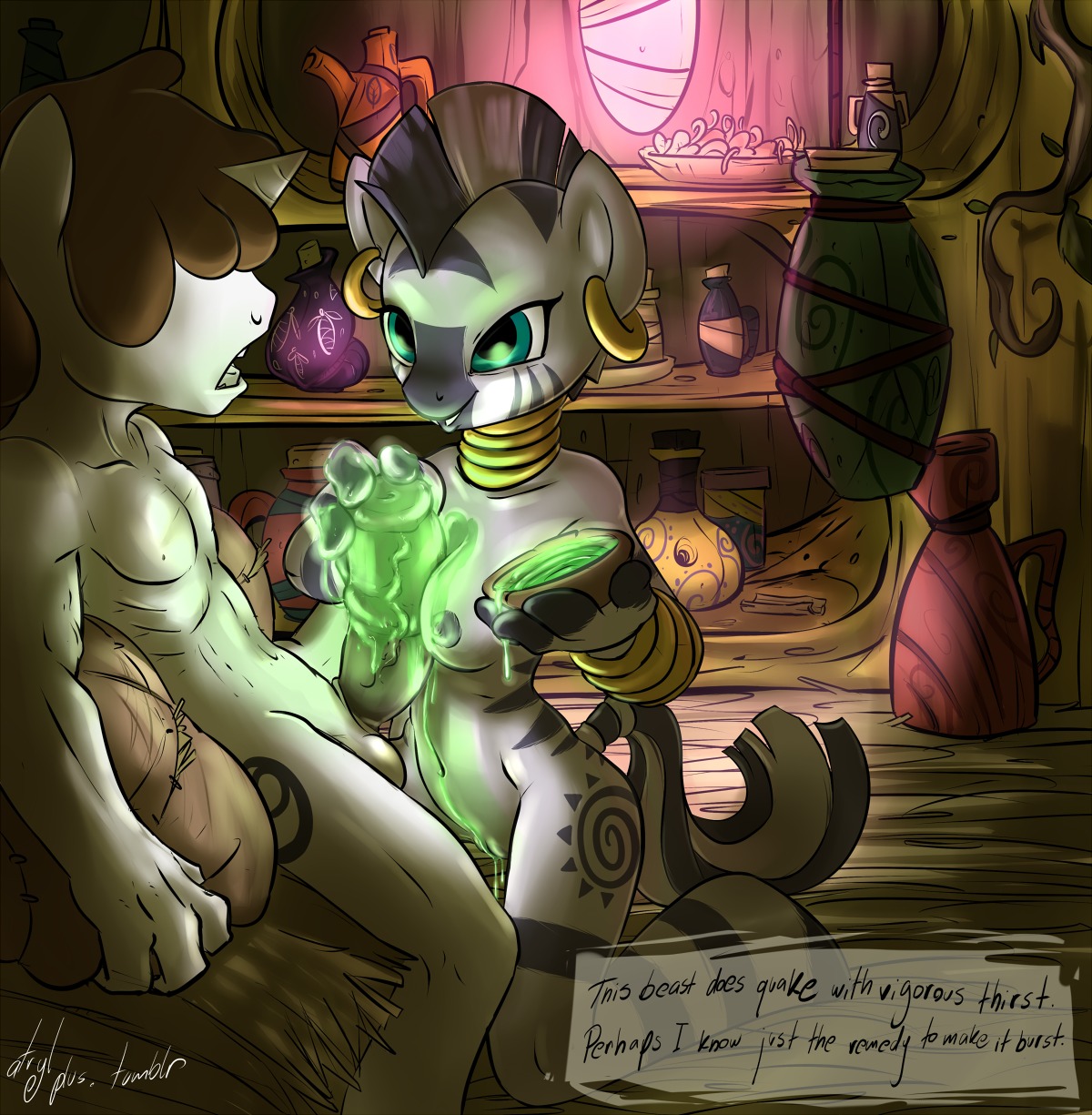 2012 animal_genitalia animal_penis anthro anthrofied atryl big_penis blue_eyes breasts cutie_mark digital_media_(artwork) duo e621 ear_piercing english_text equid equine equine_genitalia equine_penis erection fan_character female friendship_is_magic genitals hair handjob hasbro hi_res horse long_hair magic male male/female mammal my_little_pony nipples nude penile penis piercing pony sex smile stripes tail text third-party_edit vulva zebra zecora_(mlp)