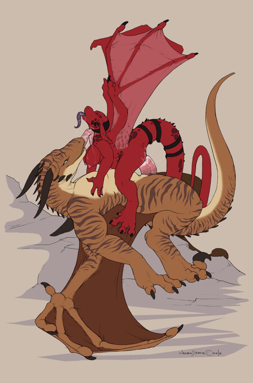 2012 anthro bodily_fluids breasts brown_body brown_scales brown_stripes claws cowgirl_position dragon drakkor duo e621 ear_piercing erection european_mythology eyes_closed female female_on_top female_penetrated from_front_position genital_fluids genitals hi_res horn interspecies intraspecies larger_male licking lying male male/female male_on_bottom male_penetrating male_penetrating_female membrane_(anatomy) membranous_wings mythological_creature mythological_scalie mythology necrodrone necrodrone_(character) nipples non-mammal_breasts non-mammal_nipples nude on_back on_bottom on_top penetration penile penile_penetration penis penis_in_vagina piercing red_body red_scales scales scalie sex side_view signature size_difference smaller_female smaller_penetrated straddling stripes tail tongue tongue_out vaginal vaginal_fluids vaginal_penetration vulva western_dragon wings