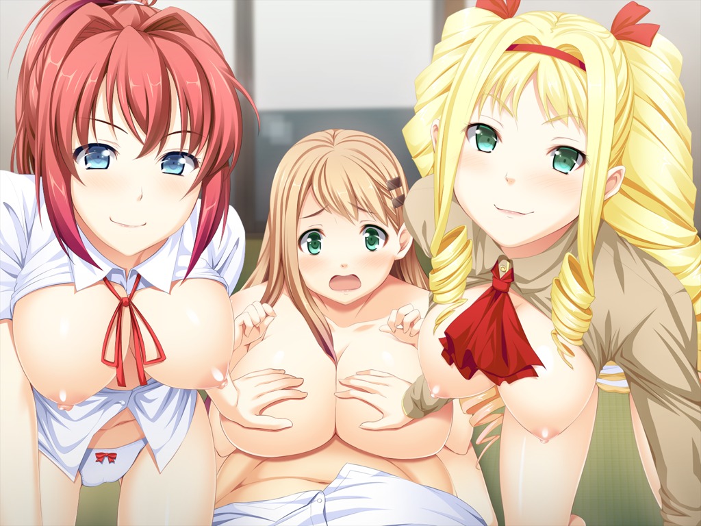 blonde_hair breasts brown_hair female game_cg nipples panties red_hair rule34 sekisaba underwear