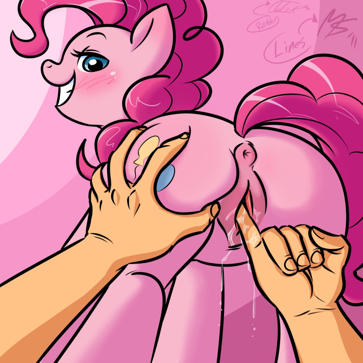 1:1 2012 abstract_background ambiguous_gender ambiguous_pov anus bestiality blue_eyes blush bodily_fluids butt butt_grab cutie_mark digital_media_(artwork) disembodied_hand duo e621 earth_pony equid equine female female/ambiguous feral fingering first_person_view friendship_is_magic fur genital_fluids genitals grin hair hand_on_butt hasbro hi_res horse human human_on_feral interspecies looking_at_viewer looking_back looking_pleasured mammal megasweet my_little_pony no-ink pink_background pink_body pink_fur pink_hair pinkie_pie_(mlp) pony raised_tail rear_view signature simple_background smile spread_vulva spreading submissive submissive_female tail vaginal vaginal_fingering vaginal_fluids vulva