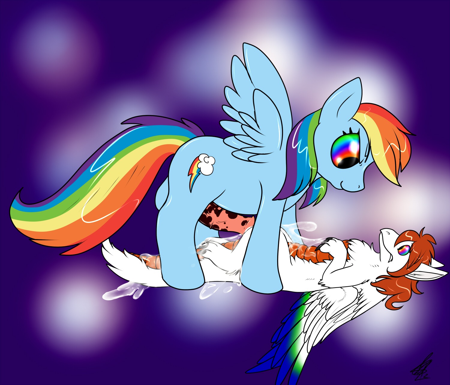 2012 animal_genitalia animal_penis balls blue_body blue_feathers blue_fur bodily_fluids brown_hair cum cutie_mark duo e621 equid equine equine_genitalia equine_penis erection feathered_wings feathers feral friendship_is_magic fur genital_fluids genitals gynomorph hair hasbro hi_res intersex lying mammal multicolored_hair multicolored_tail my_little_pony mythological_creature mythological_equine mythology on_back pegasus penis rainbow_dash_(mlp) rainbow_hair rainbow_tail shikaro standing tail white_body white_fur wings