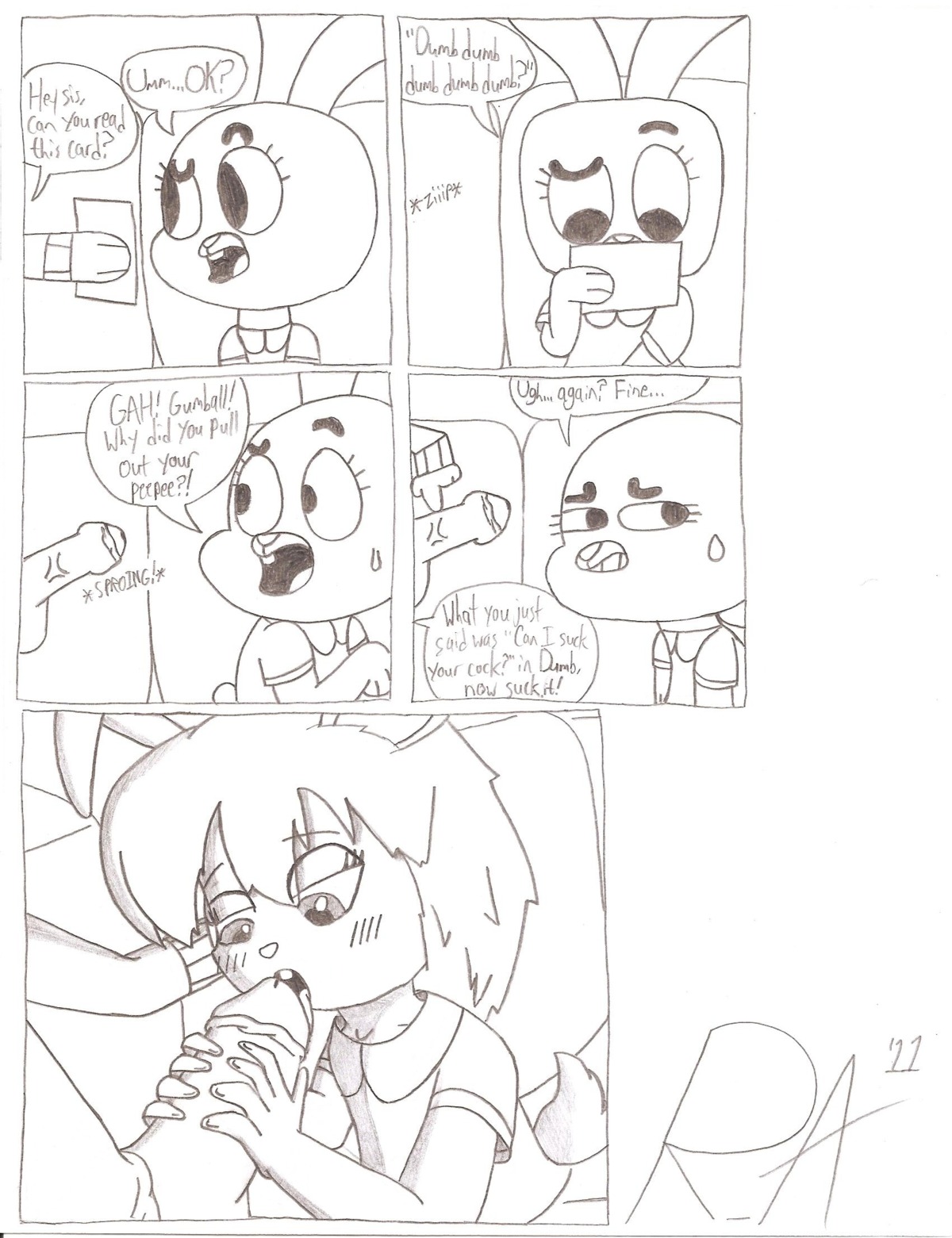 1boy 1girls 2011 anais_watterson anthro bunny_ears cartoon_network cub female furry gumball_watterson incest male monochrome random_anon rule34 sketch tagme the_amazing_world_of_gumball young