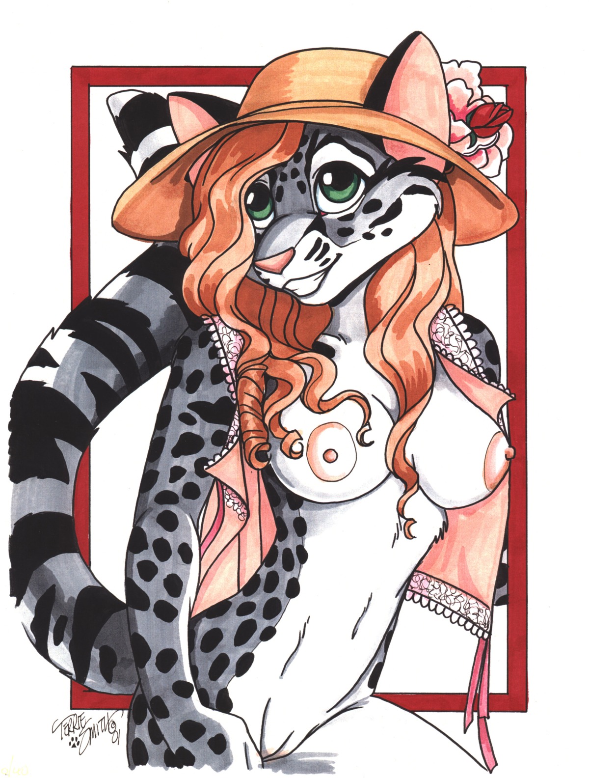 2001 absurd_res anthro breasts domestic_cat e621 felid feline felis female genitals hi_res mammal nipples nude signature solo tail terrie_smith traditional_media_(artwork) vulva