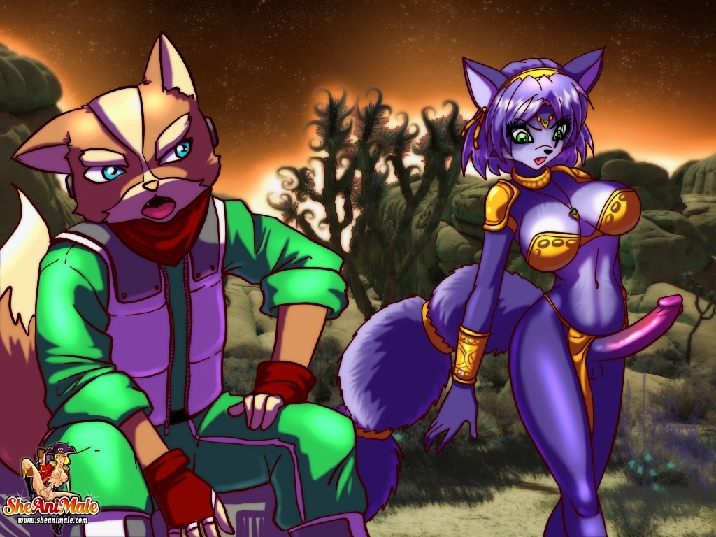 4:3 anthro big_breasts blue_body blue_fur blue_hair breasts canid canine clothed clothing crossgender duo e621 erection fox fox_mccloud ftg_crossgender fti_crossgender fur genitals gynomorph hair intersex krystal_(star_fox) male mammal nintendo outside penis sheanimale star_fox white_body white_fur