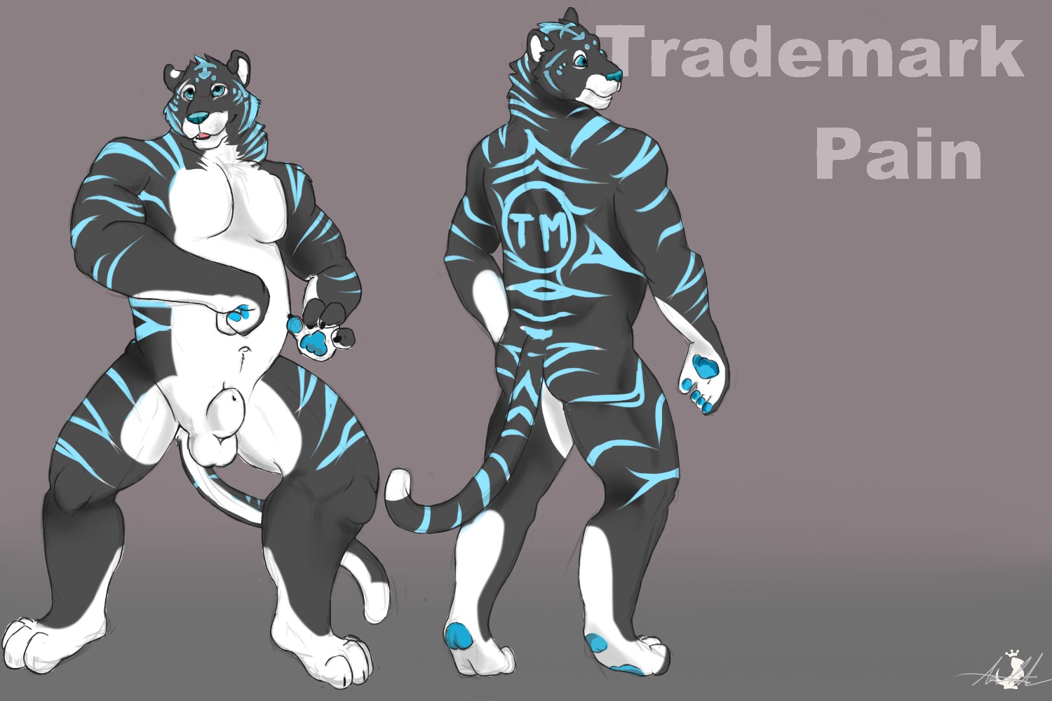 3:2 animal_genitalia anthro balls biped blue_eyes blue_stripes e621 english_text felid flaccid fur genitals male mammal mangusu melanistic muscular muscular_anthro muscular_male pantherine penis sheath simple_background slightly_chubby solo standing stripes text tiger white_body white_fur